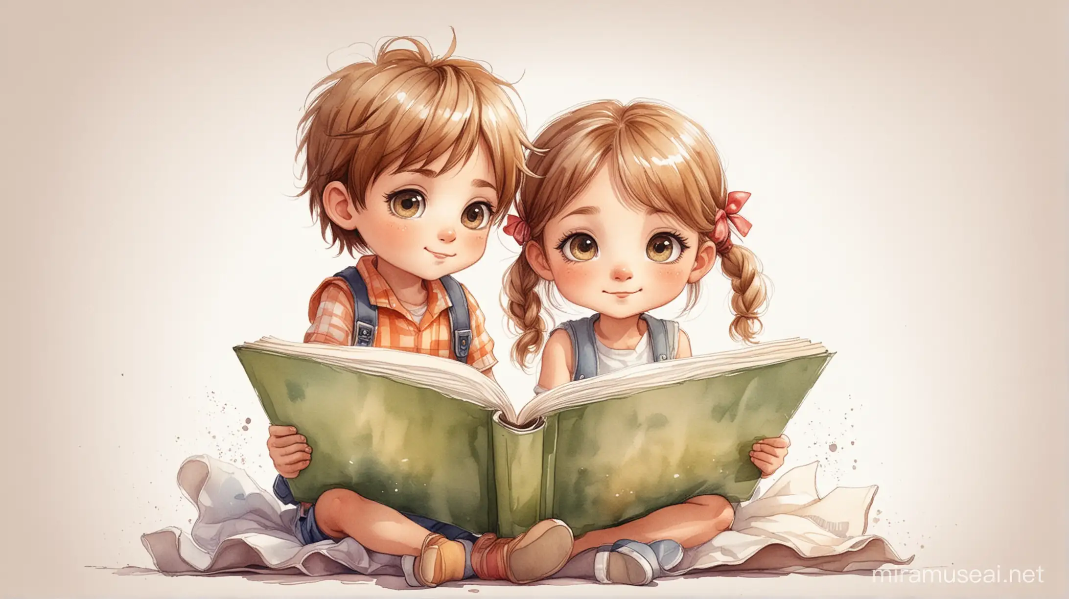 two very cute little kids, boy and girl, reading a book. full body, chibi eyes, watercolor, pencil drawing, white background, children book illustration
