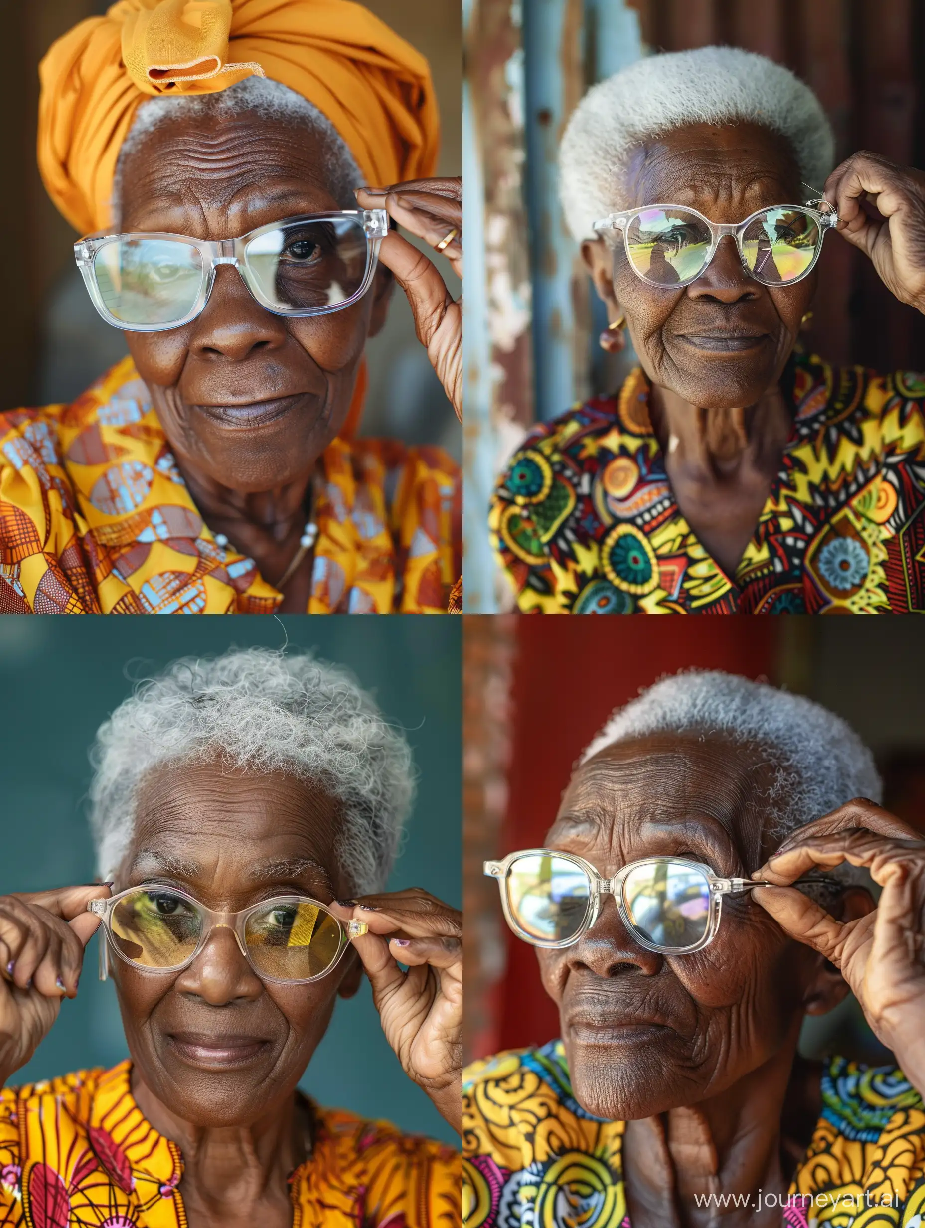 Old African Woman adjusting her clear reflective reading glasses