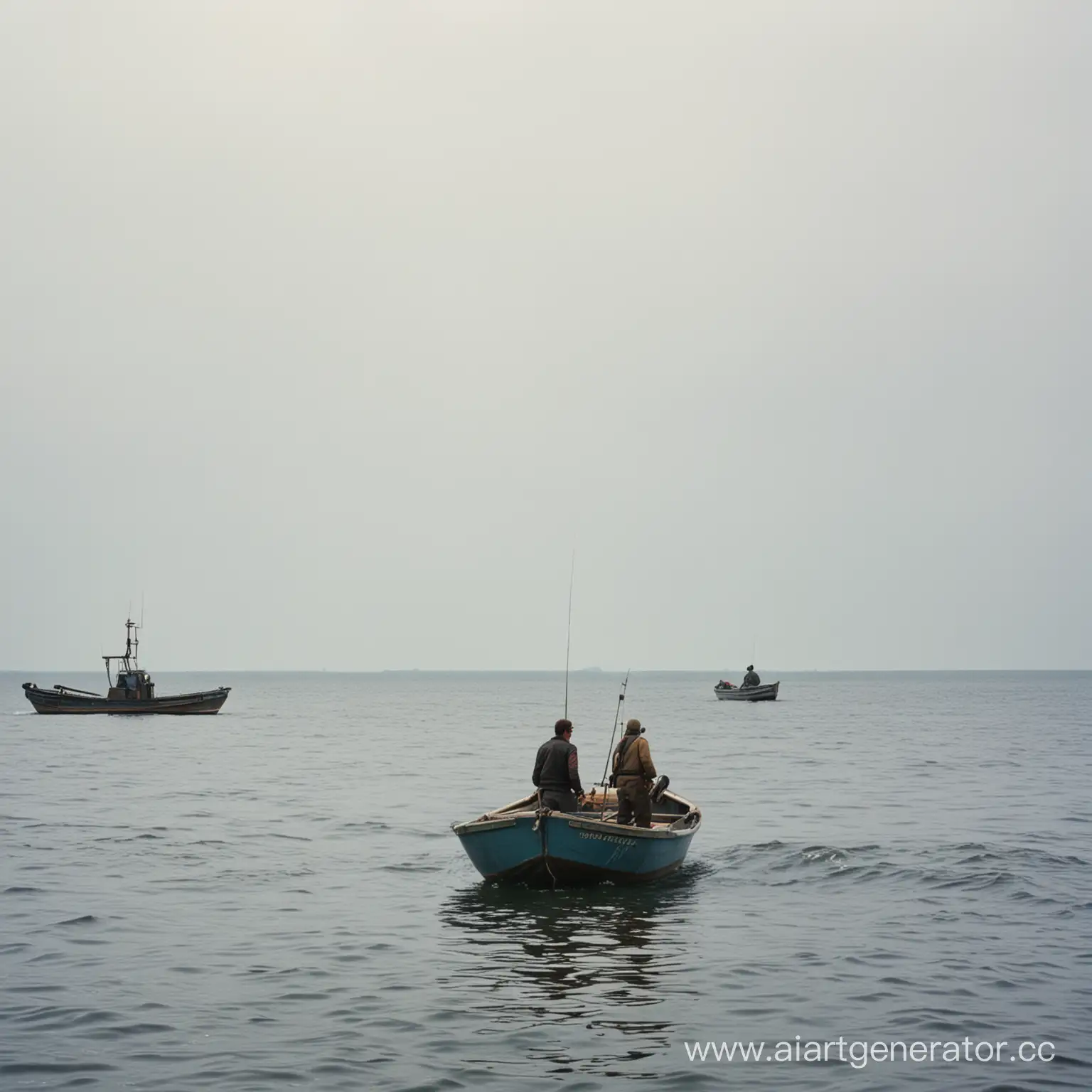два рыбака в лодке, вид со спины на отдалении, 70-е годы