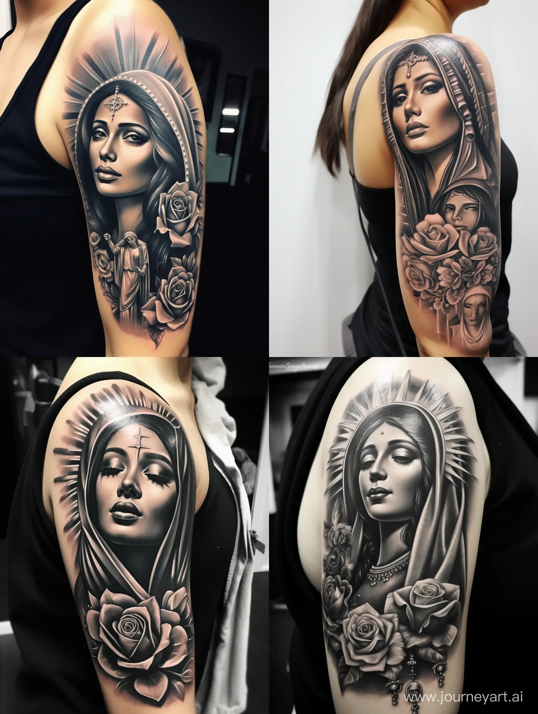 tatuaje  virgen de guadalupe  black and grey  en el brazo 

