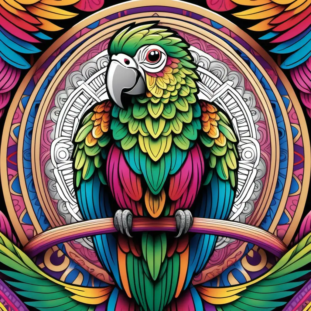 line work, colorful coloring book cover, mandala, parrot, colorful, thick lines, vector file