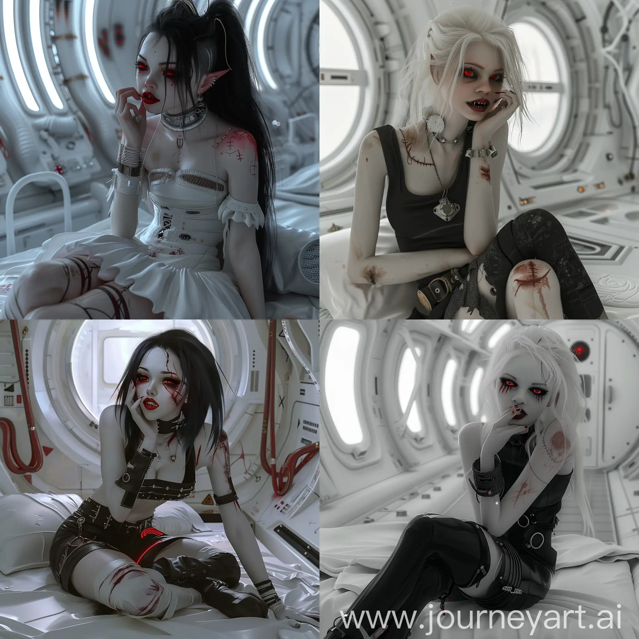 A loyal pale vampire with dark red eyes and great figure, punk style, Detailed, 3D, White Space Station Background, Sci-Fi, Beautiful Vampire, Scars, posing, on bed, smirking and licking her own lips.