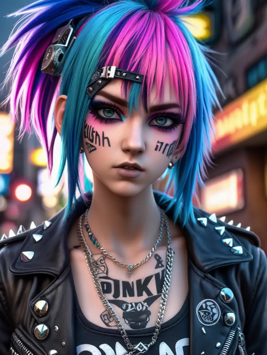 (cinematic lighting), In a gritty urban setting, a "Punk's Not Dead" anime girl defies convention with her rebellious attitude and distinctive style. Adorned in punk fashion, spiked accessories, vibrant hair, and bold makeup, she embodies the spirit of nonconformity, creating a visual statement that declares the enduring vibrancy of punk culture, intricate details, detailed face, detailed eyes, hyper realistic photography,--v 5, unreal engine,
