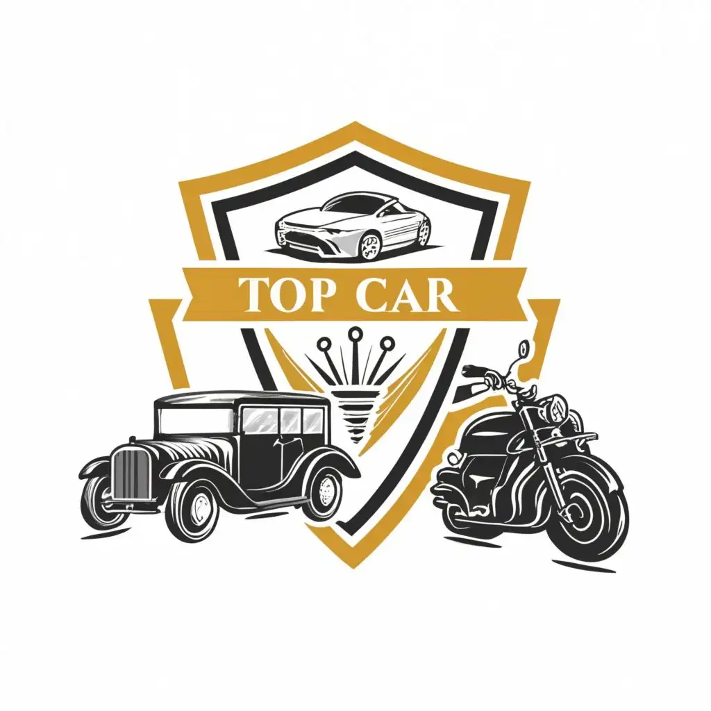 logo, location with shield and a car and a motorcycle inside, with the text "TOP car", typography, be used in Automotive industry