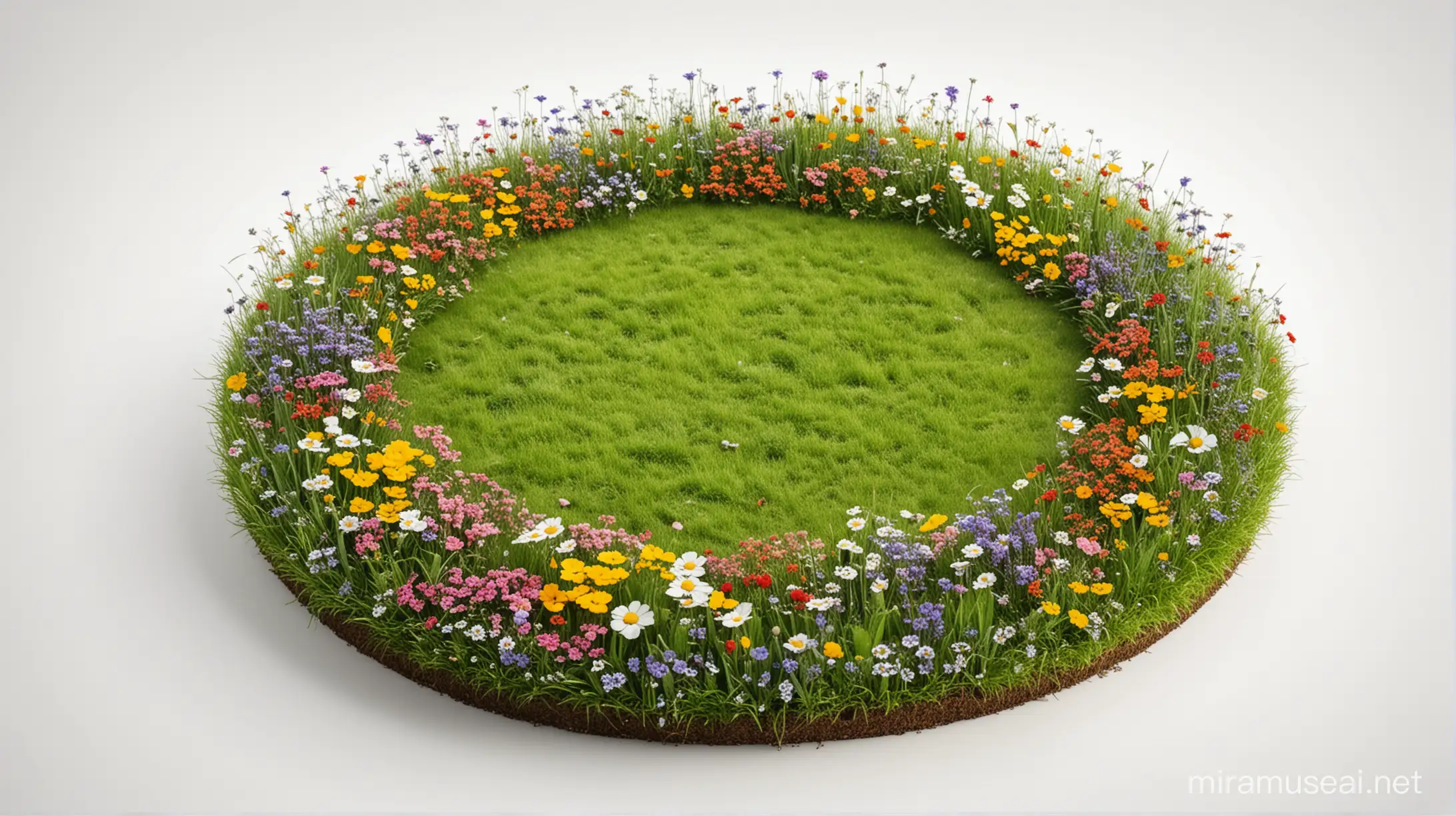 a round piece of land with flowers, grass, white background