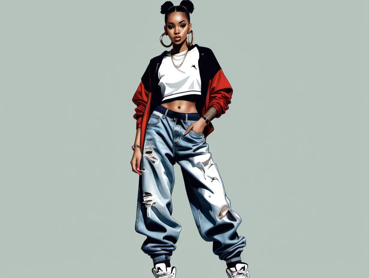 /Fashion illustration of girl in streetwear with big hoops, jordans, baggy jeans with boxers showing and crop jersey
