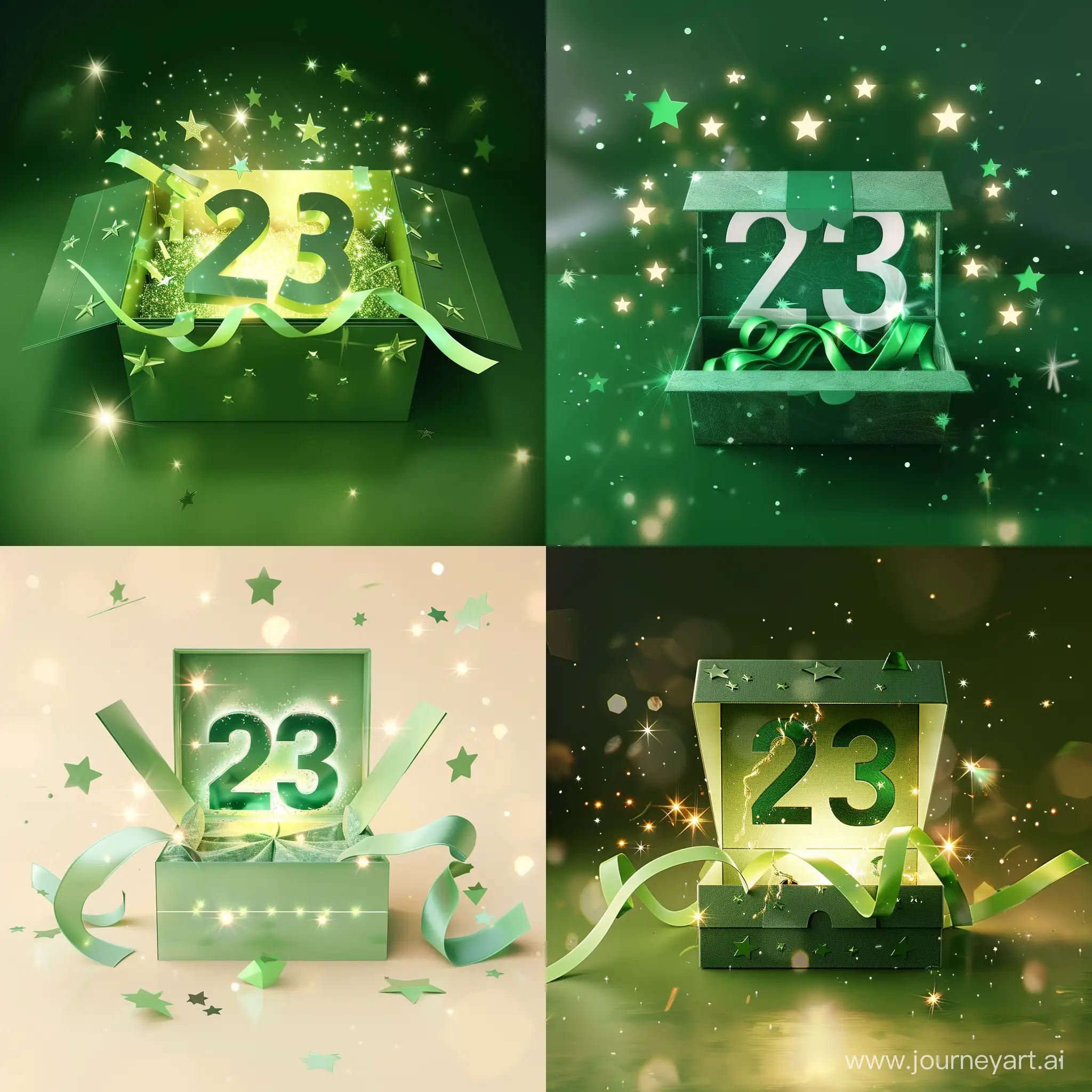 3d green box opened, number 23 in 3d style is outside the box, 3d stars around, 3d ribbon across, light spots