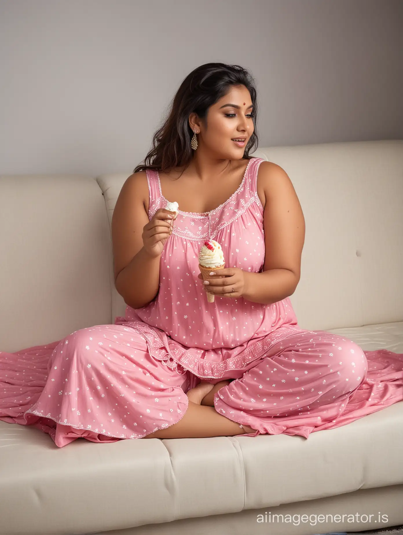 Beautiful indian plus size women wore sleeveless nighty sit in sofa eating bowl ice cream