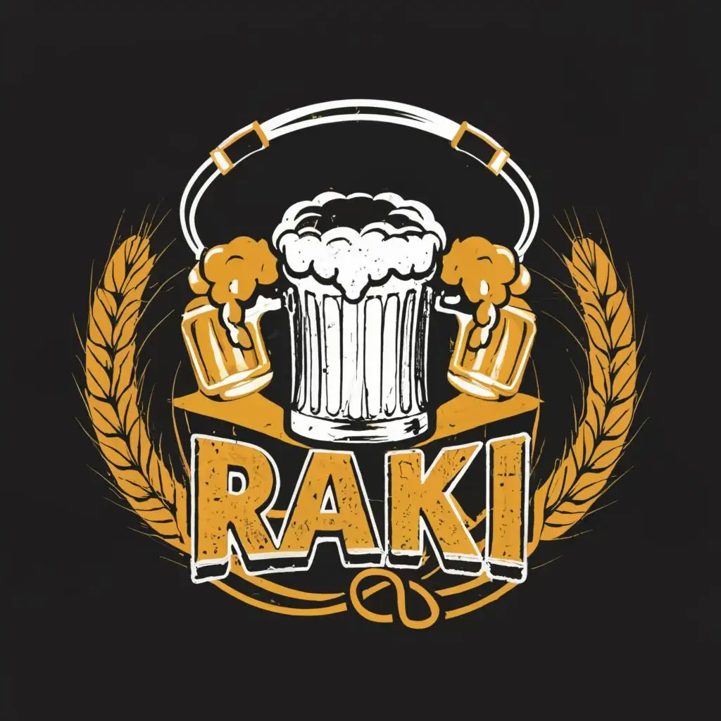 logo, beer toilet brush head phones, with the text "club raki", typography