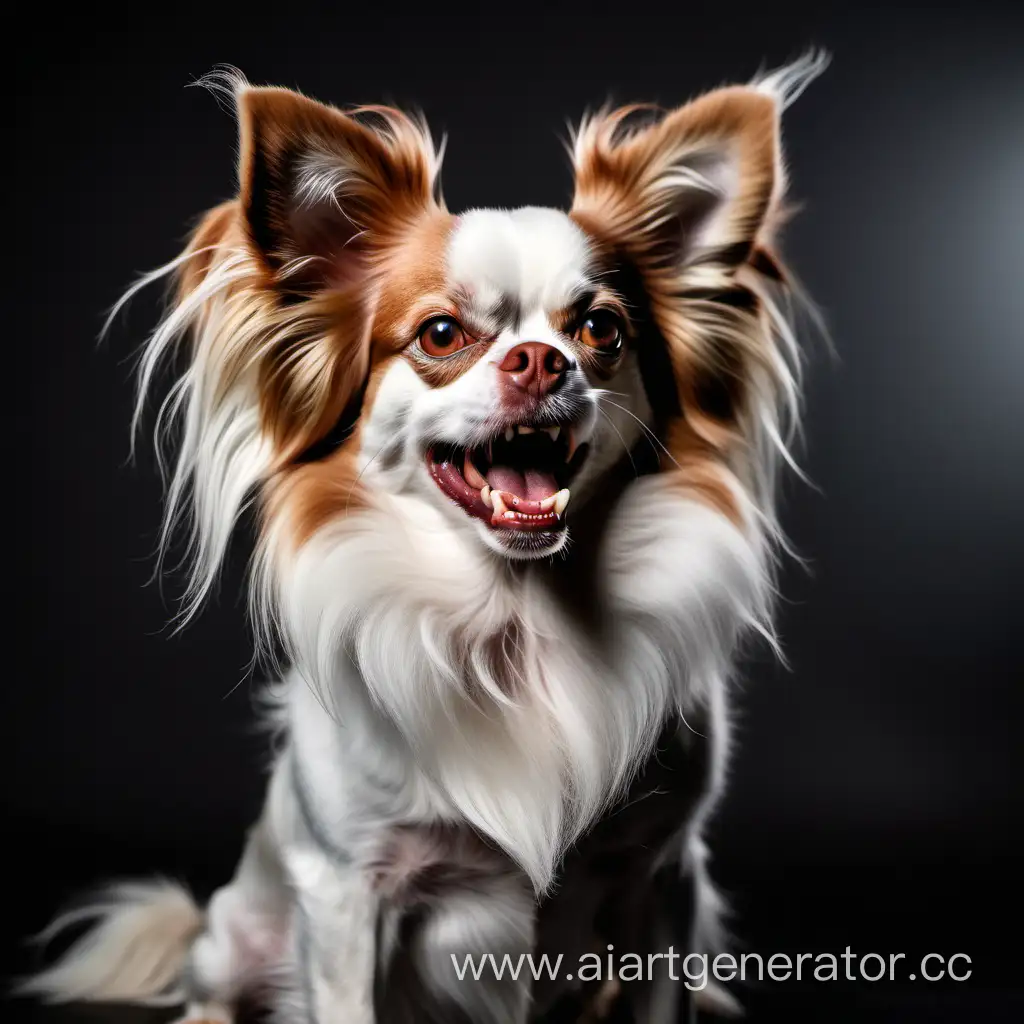 angry papillion dog with white body white and light brown head and with sharp teeth looking like a devil