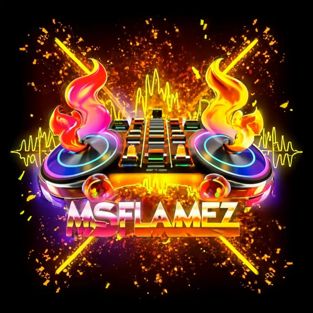 a logo design, with the text 'MsFlamez', main symbol: dj controller, flames sound waves, rose pink, red, yellow, orange, sparkles, glow, 3D, realistic fire, Moderate, clear background