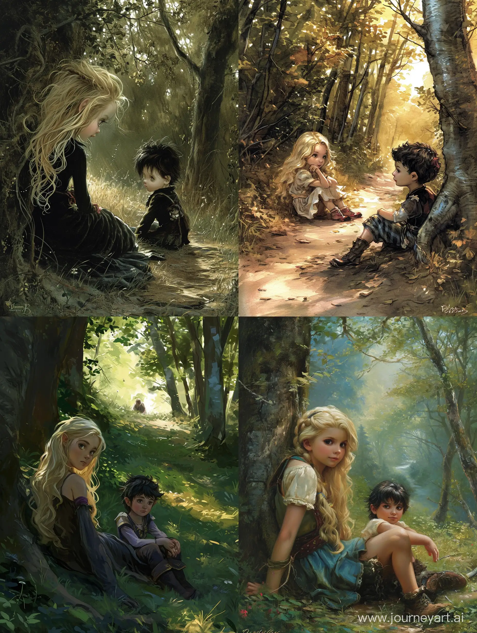 Девушка с блондинистыми волосами сидит на склоне леса, рядом с ней сидит мальчик маленький с темными волосами 