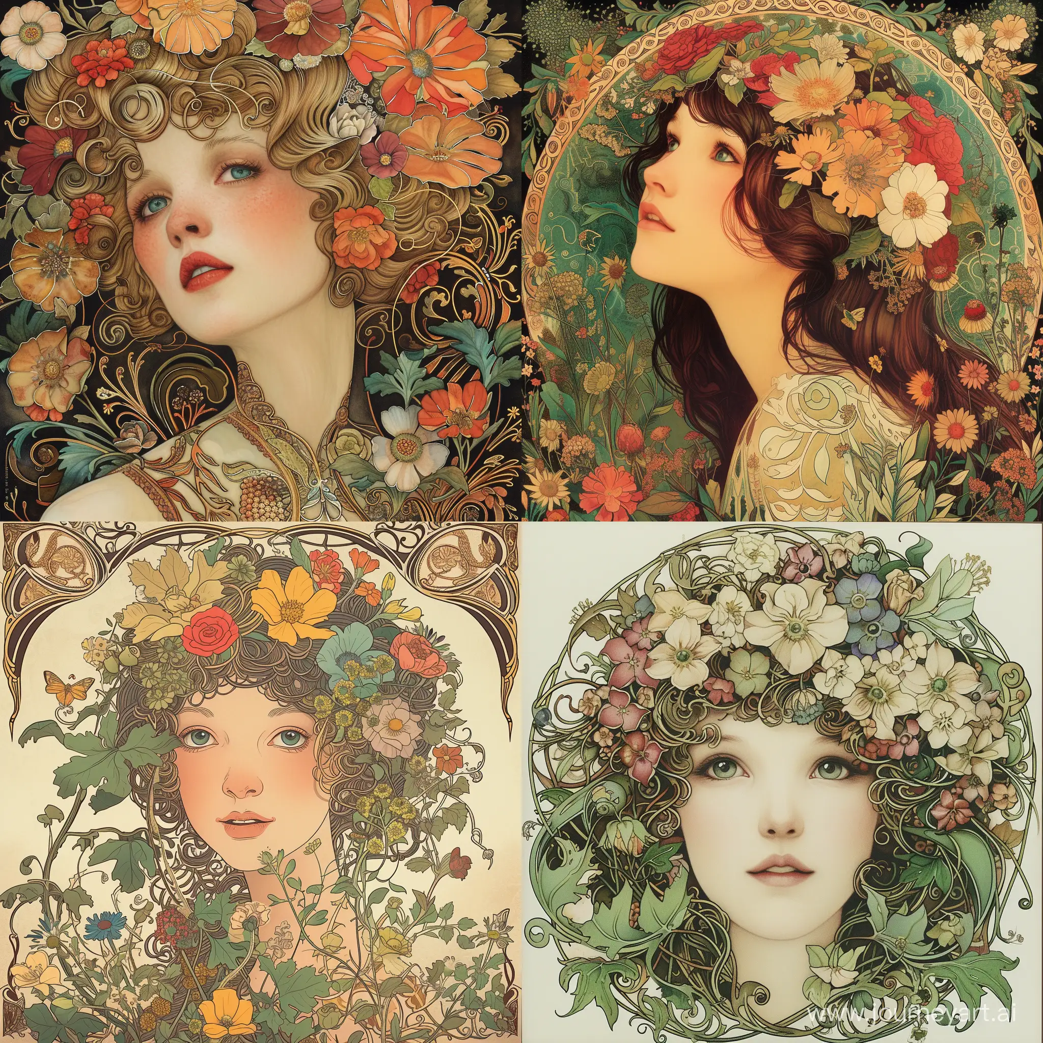 art nouveau persons with a lot of flowers and Motifs