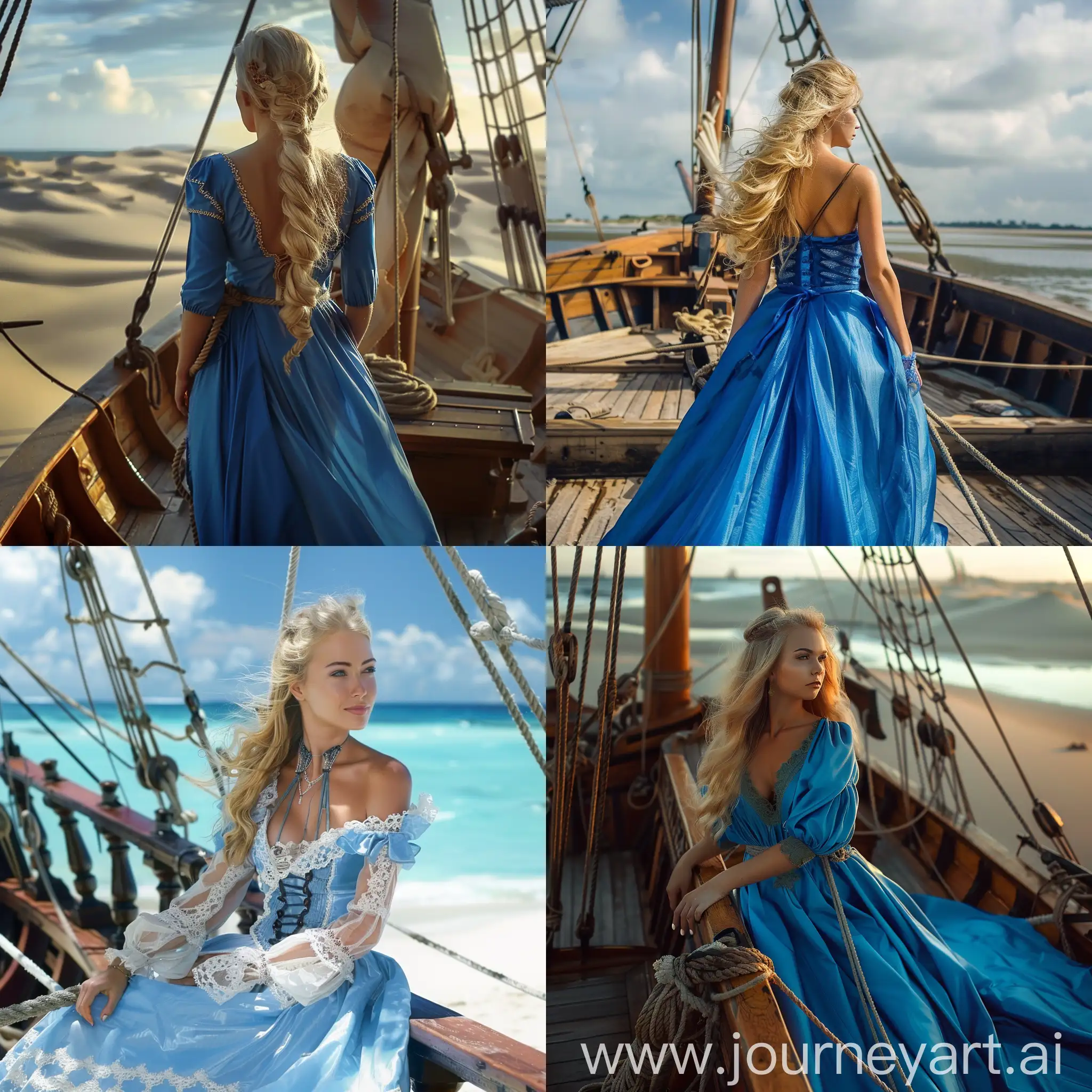 Elegant-Blonde-in-17th-Century-Blue-Dress-on-Ship-near-Stunning-Sand-Island