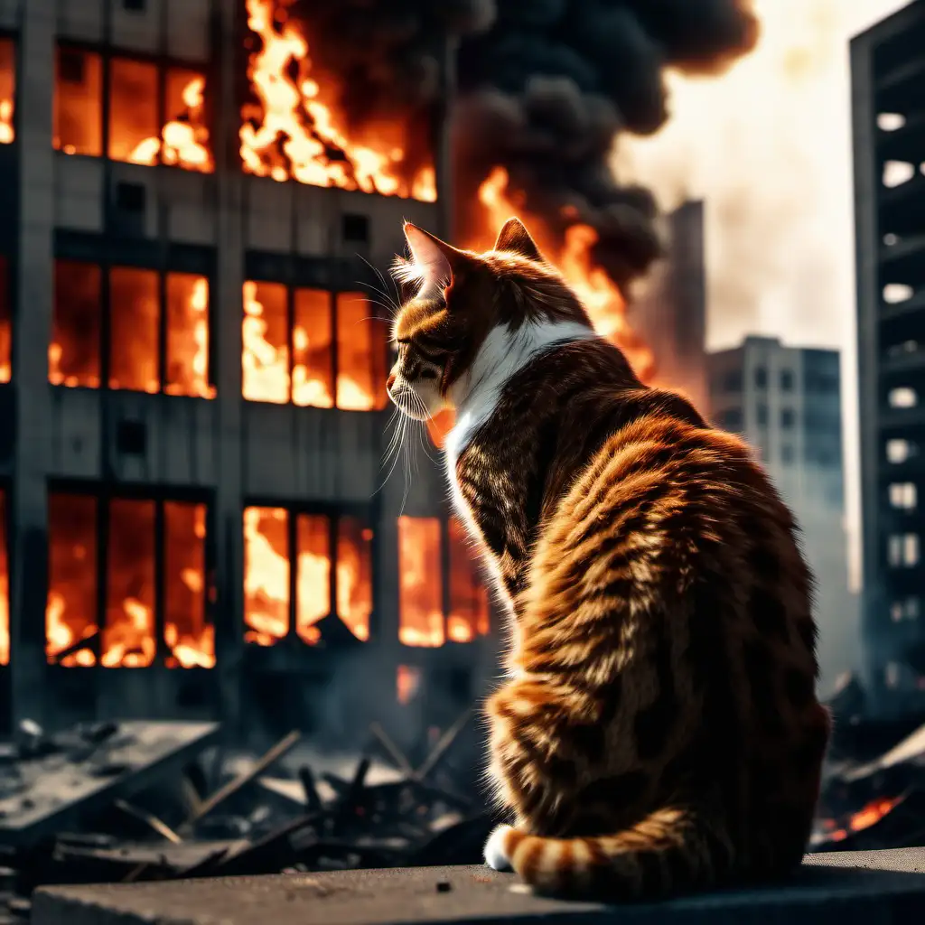 Realistic pohoto of cat watching a building engulfed in flames, intense and dramatic scene, post-apocalyptic aesthetic, high resolution, emotional depth, 4K