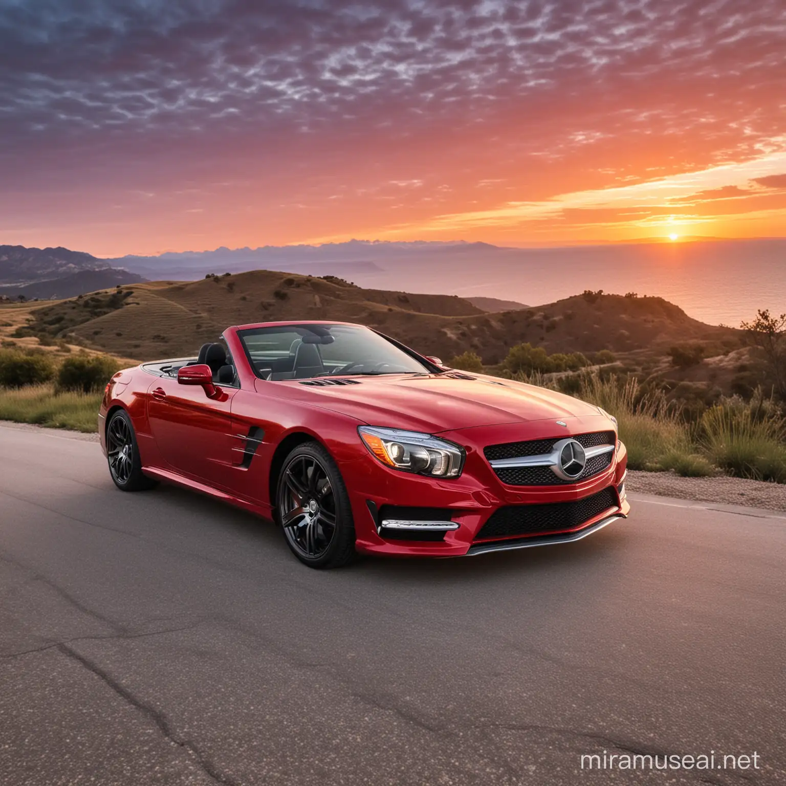 Red 2014 Mercedes SL400 with dramatic sunset