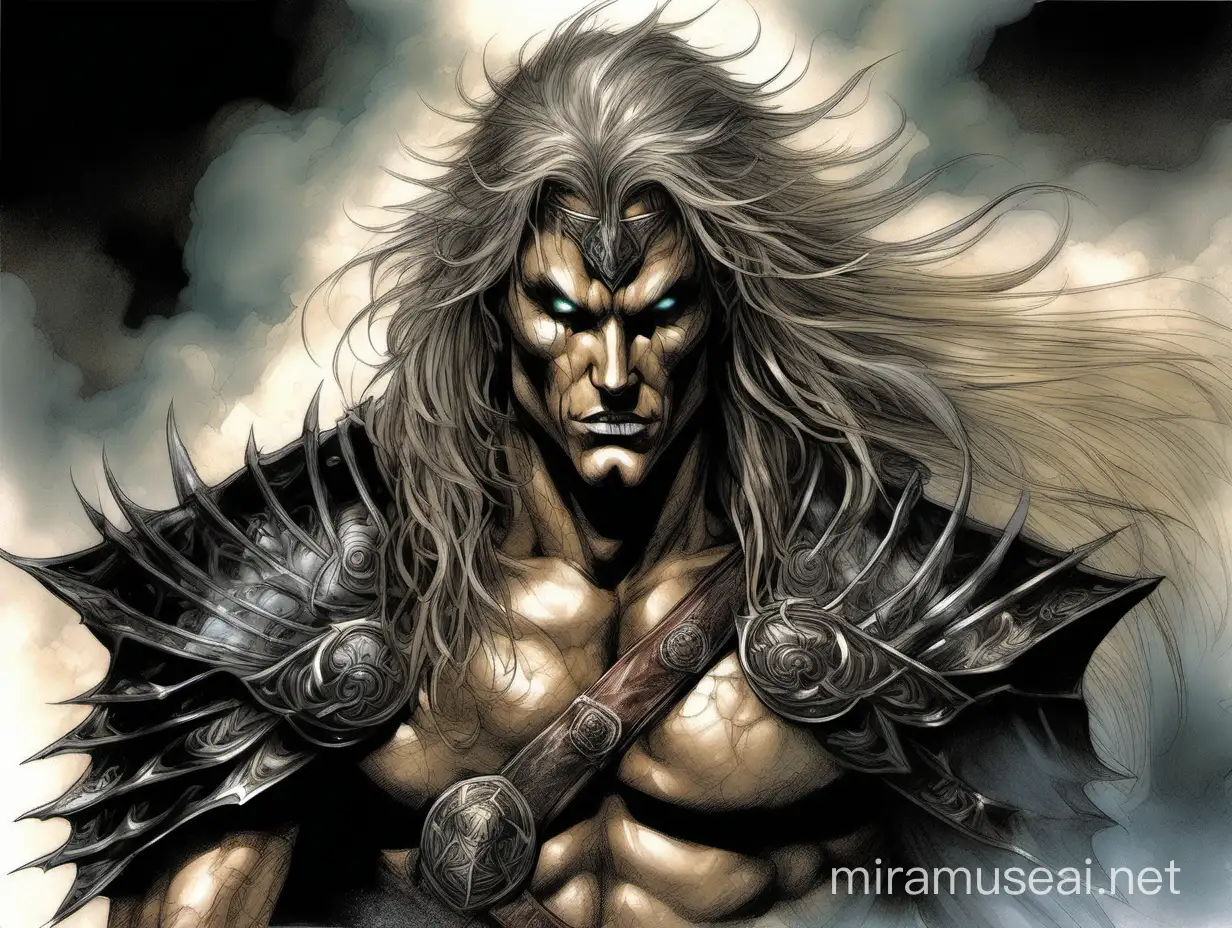 Create a portrait of the main antagonist of the demigod, he has long, flowing hair the color of storm clouds, serpentine creature with scales as black as night, glowing eyes like lightning, and razor-sharp teeth. </br> It is impossible to tell its age or gender as it is a mythological creature. captivating with mystery and at the same time repulsive, from whose gaze your throat dries up and you are speechless, but you can feel his strong spirit and sense of heroism, so that sometimes you don’t understand whether he is a villain or a hero in front of you.
Style of Medieval fantasy warrior art by Luis Royo. tan, black, tan, blanchedalmond colors. 8K HD.