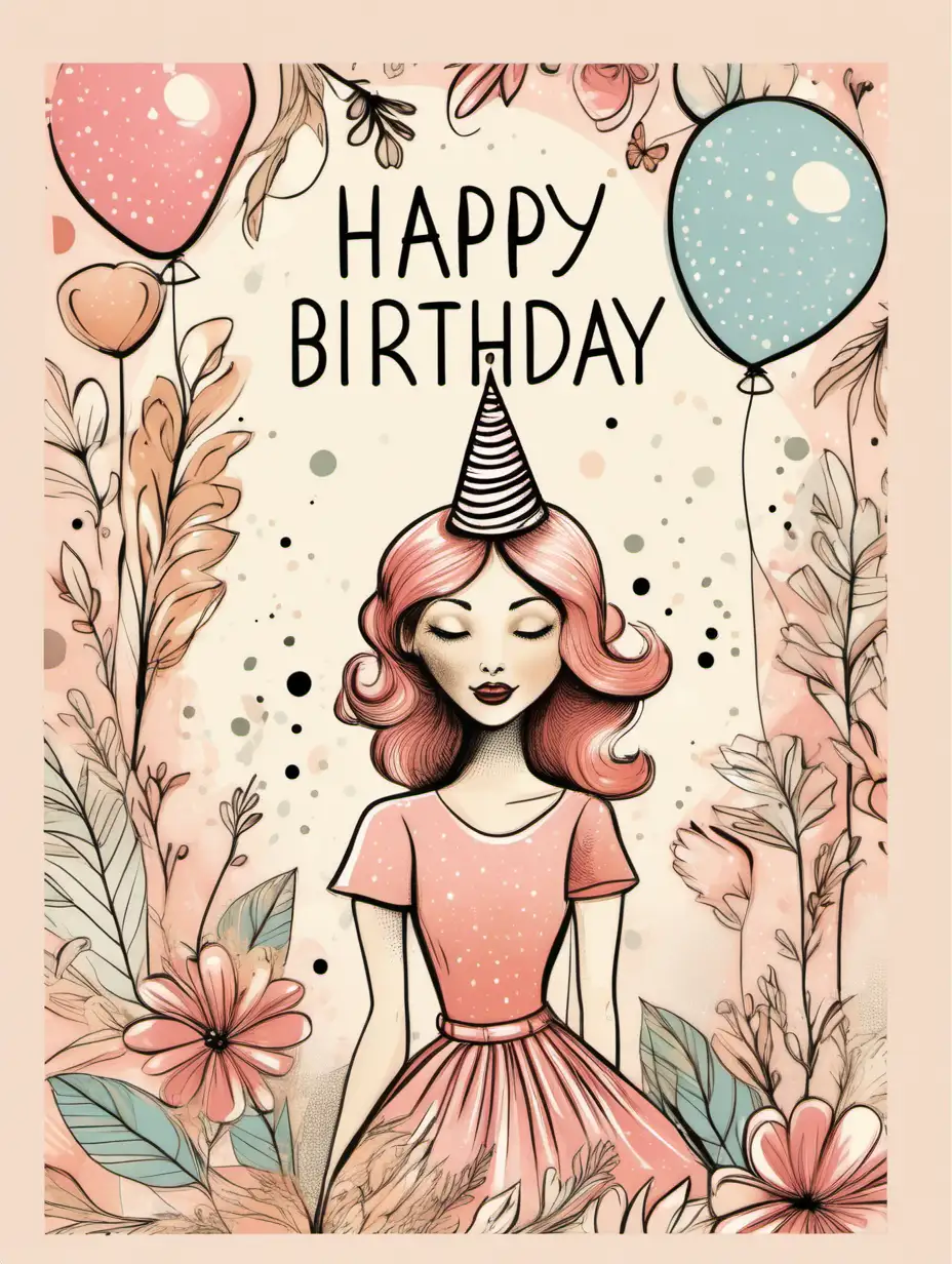Pohladnica k 34 narodeninám pre dámu v snovom modernom štýle  ako ručná grafika s nápisom "Happy Birthday ".