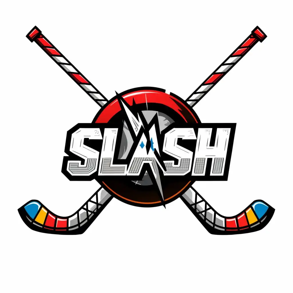 a logo design,with the text "SLASH", main symbol:goofy cartoon puck ice Hockey stick goalie mask ,Moderate,be used in Sports Fitness industry,clear background