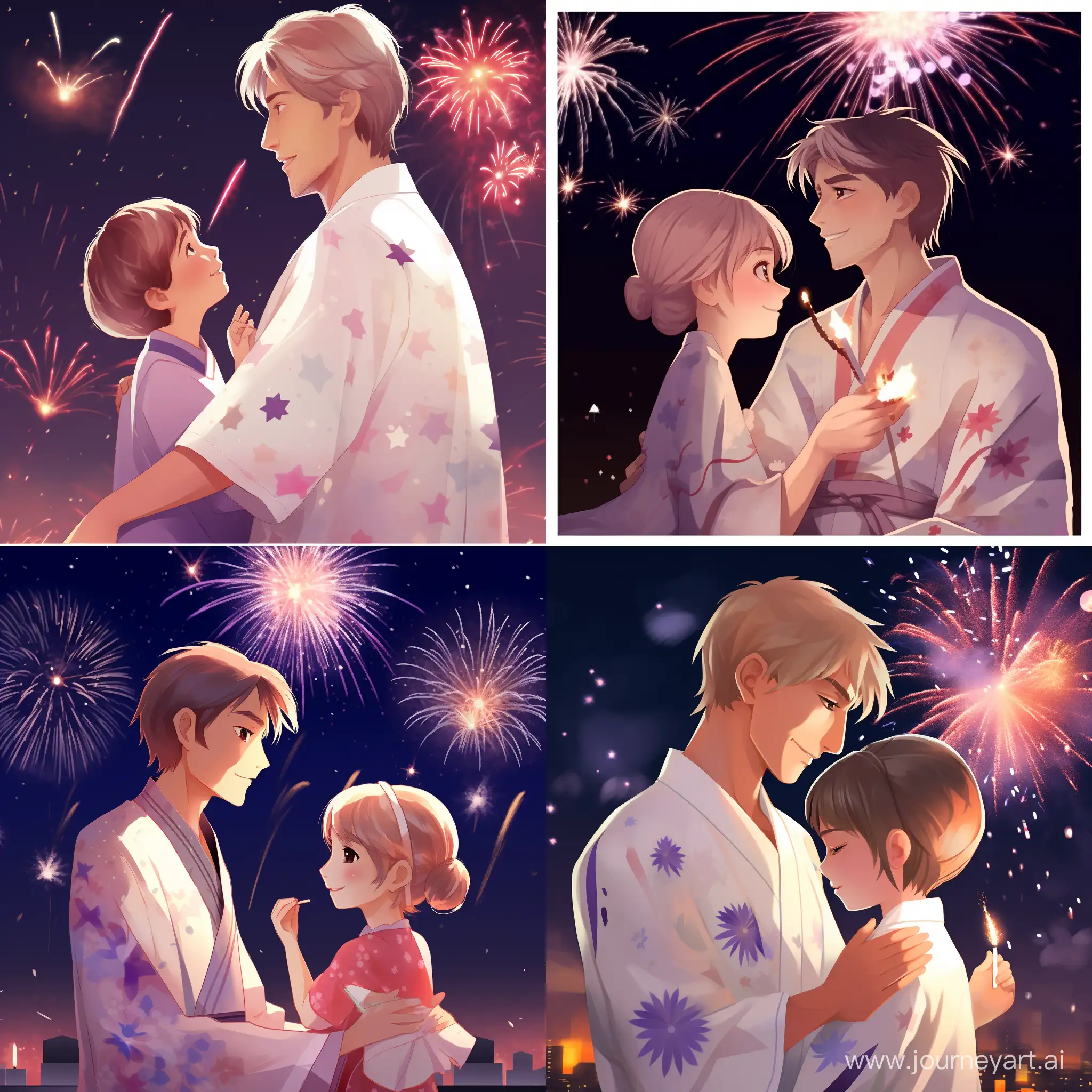 Tanabata-Matsuri-Celebration-Smiling-Anime-Father-with-Toddler-Daughter-and-Senior-Citizen