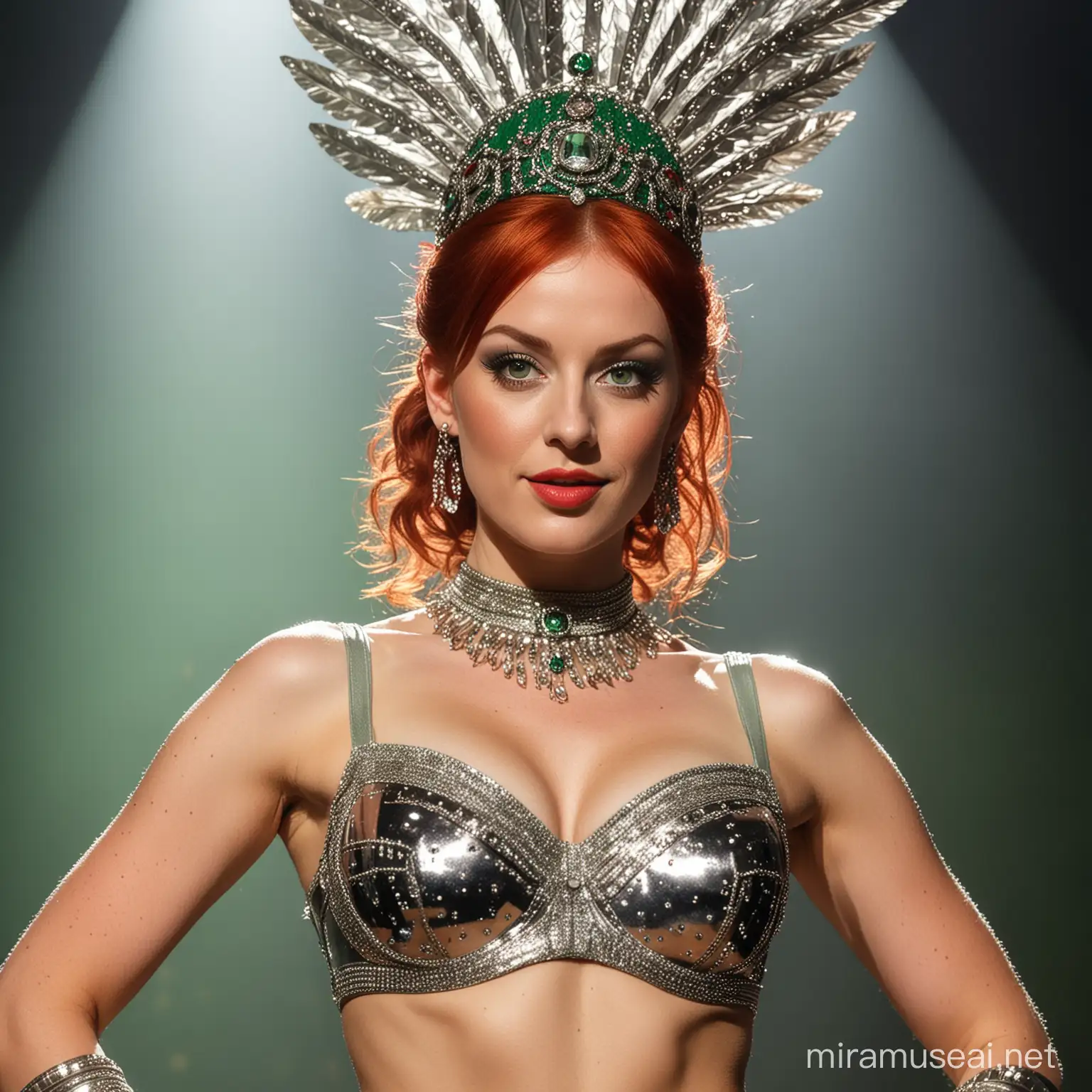 Une magnifique danseuse de cabaret, façon "moulin rouge", rousse cheveux noués en chignon, yeux verts, vue de pieds en légère contre plongée, porteuse d'une coiffe en forme de casque chromé , d'un soutien gorge chromé et d'une culotte chromée , avec un diamant dans le nombril, porteuse d'ailes métalliques avec des strass dans le dos, sur scène, dans le faisceau d'un projecteur