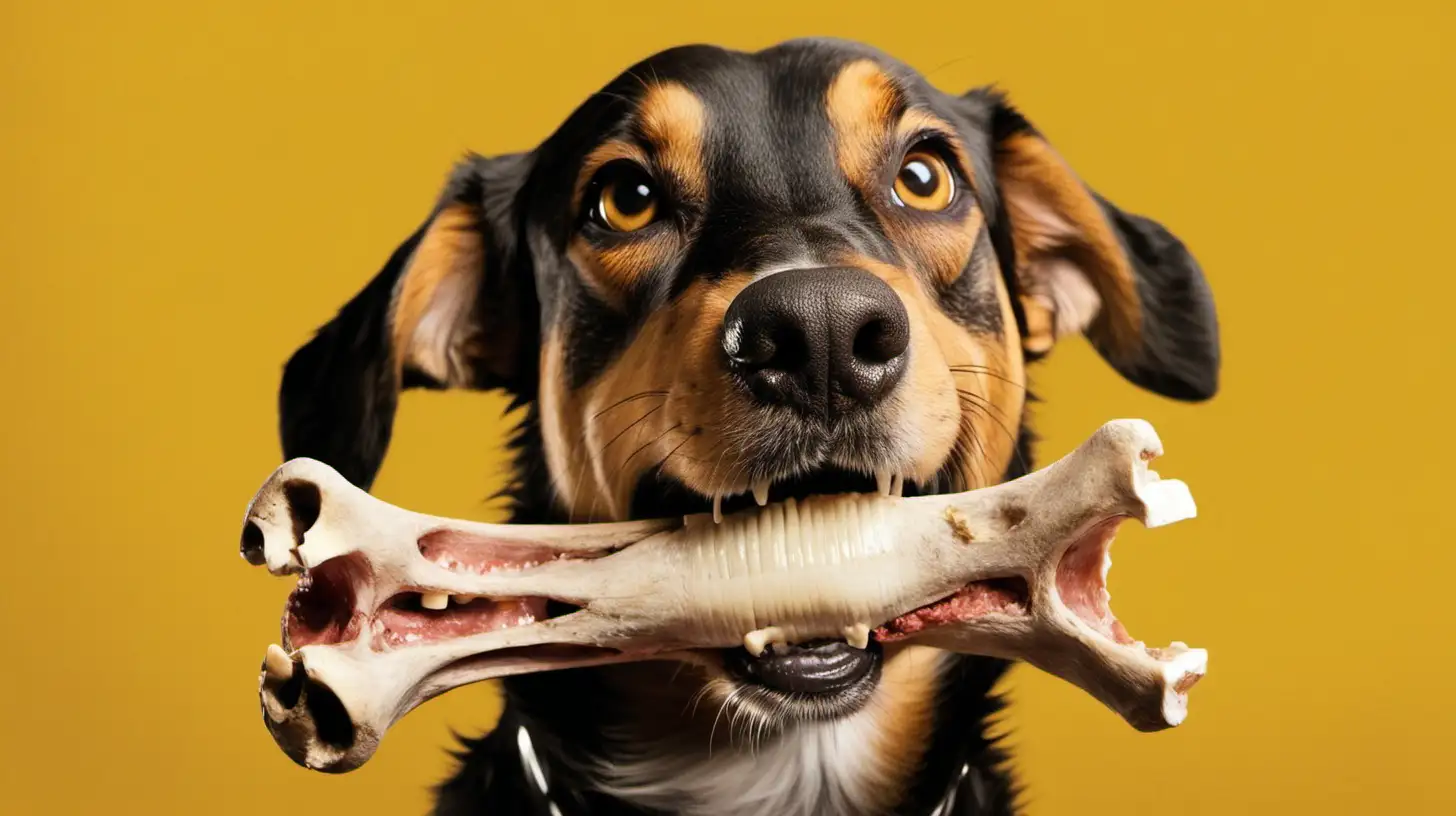 Dog eating a bone in his mouth on yellow background --ar 16:9 --v 5.2 