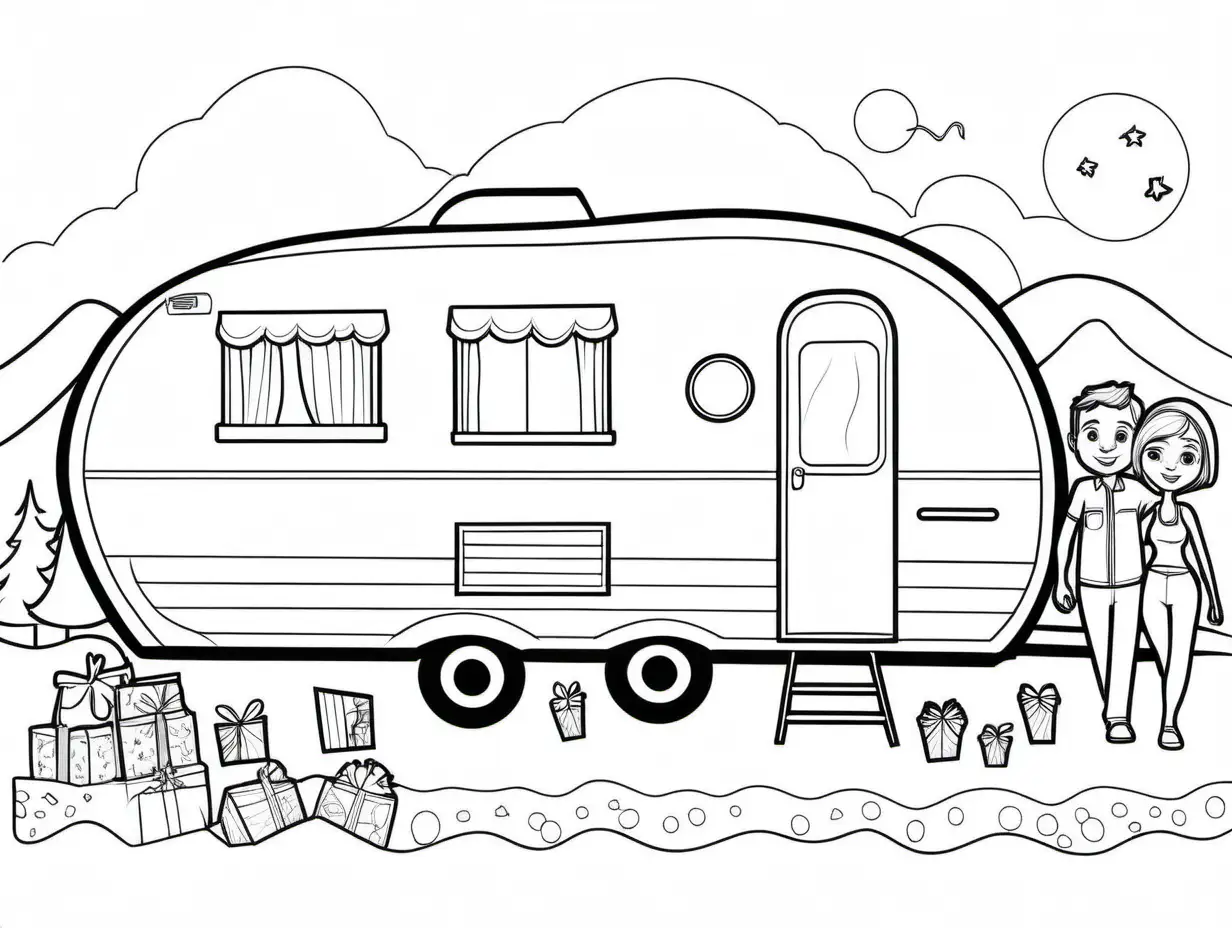 man and woman ,  holiday, caravan , Coloring Page, black and white, line art, white background, Simplicity, Ample White Space. The background of the coloring page is plain white to make it easy for young children to color within the lines. The outlines of all the subjects are easy to distinguish, making it simple for kids to color without too much difficulty