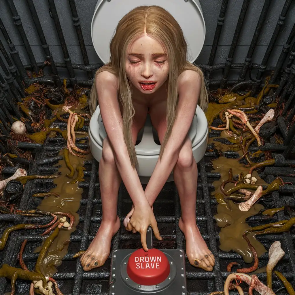 3d ultra realist resolution render, unreal engine render image portrait of blond young twenty girl russian women long hair painful laughing arms up hair body armpits hairy, sit on toilet liquid mud organic trash bones worms and push red botton writed Drown slave, iron floor. 
