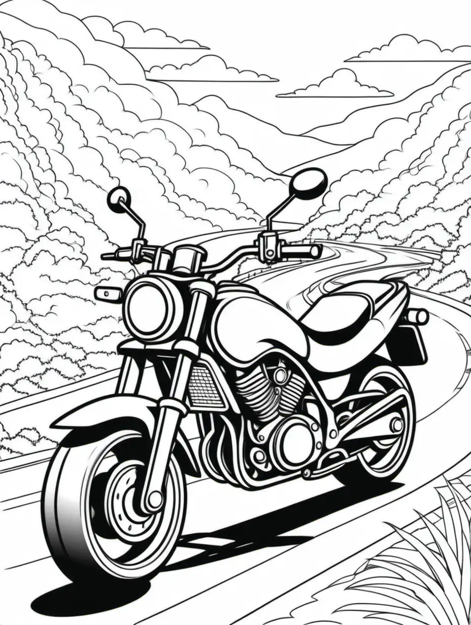 Scenic Motorbike Ride Coloring Page for Adults and Kids