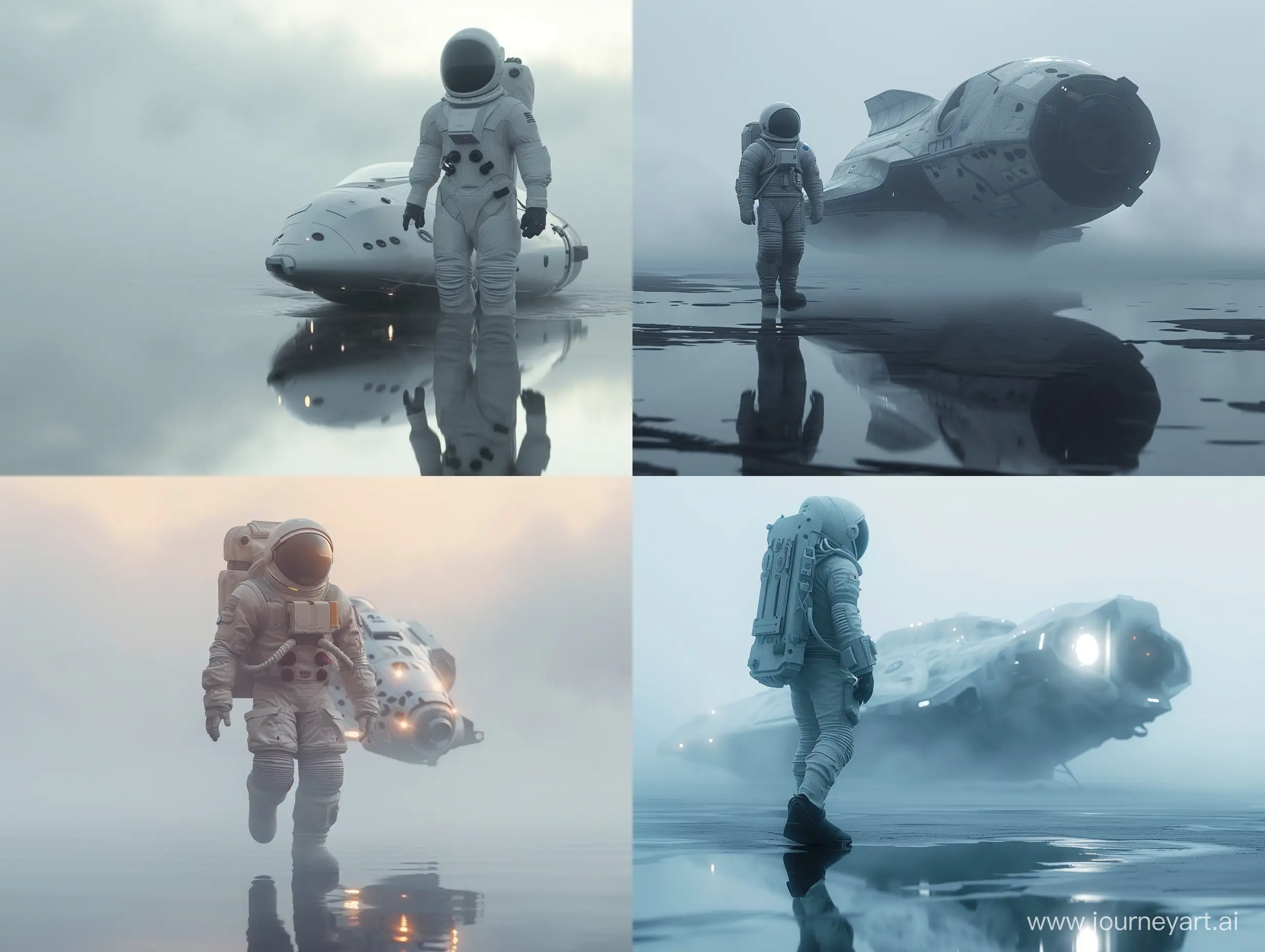 create a minimalist astronaut, hyper realistic scenario, with advanced cinema techniques, light techniques, reflection, fog, 4k, realistic spaceship