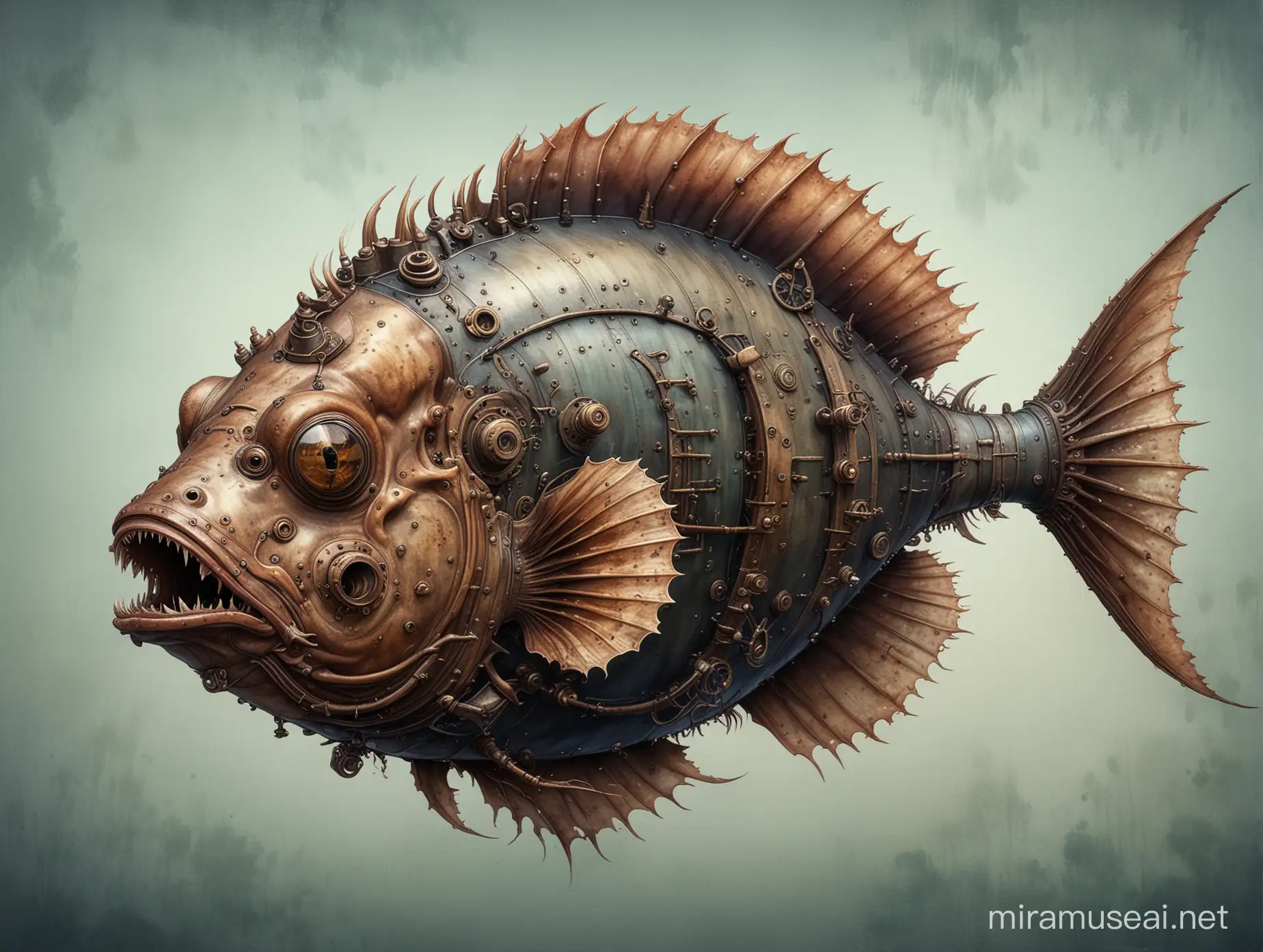 Steampunk Abyssal Anglerfish Technical Drawing with Watercolor Shadows