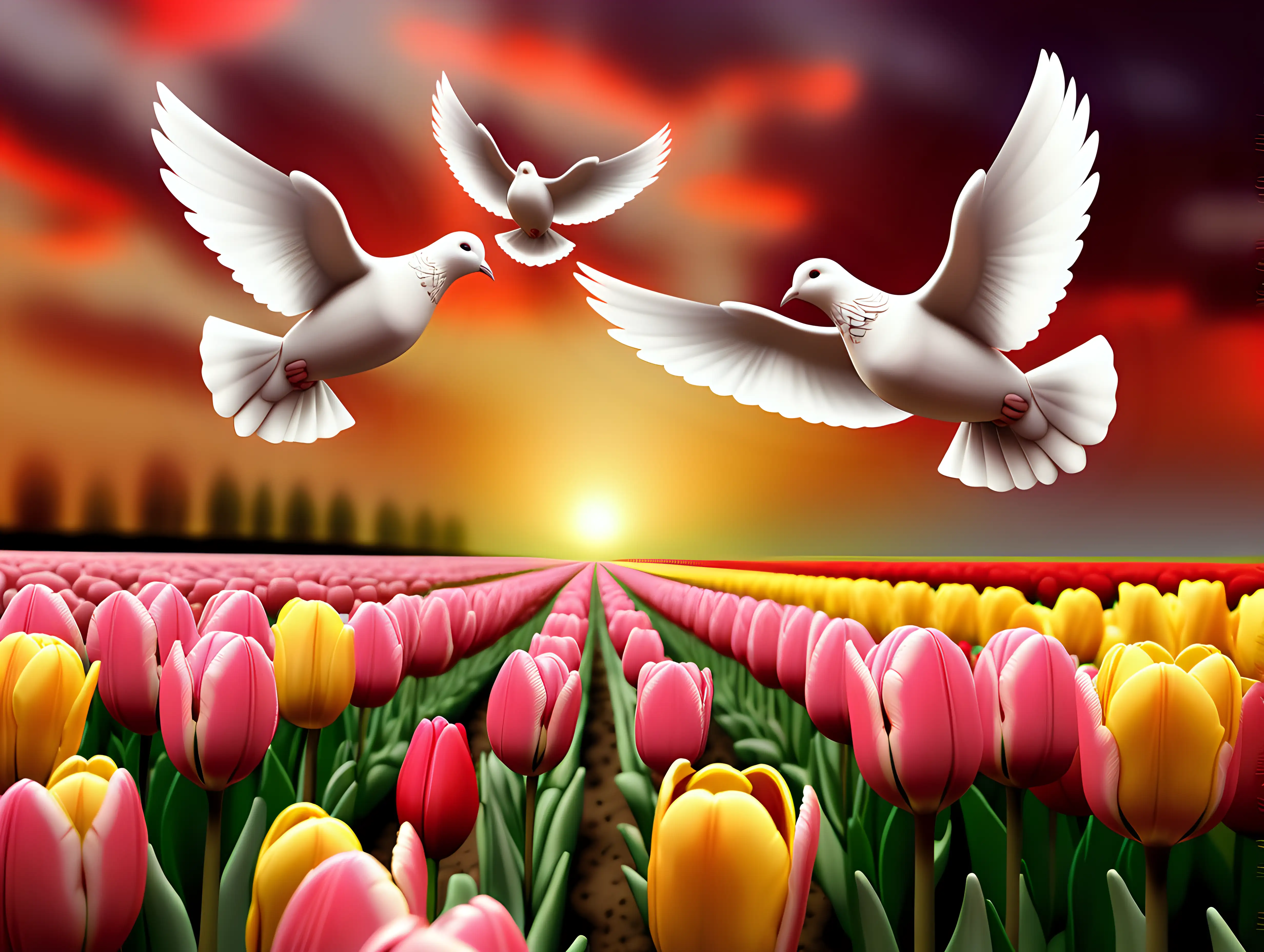 Graceful Doves Soaring Above Vibrant Tulip Fields at Sunset
