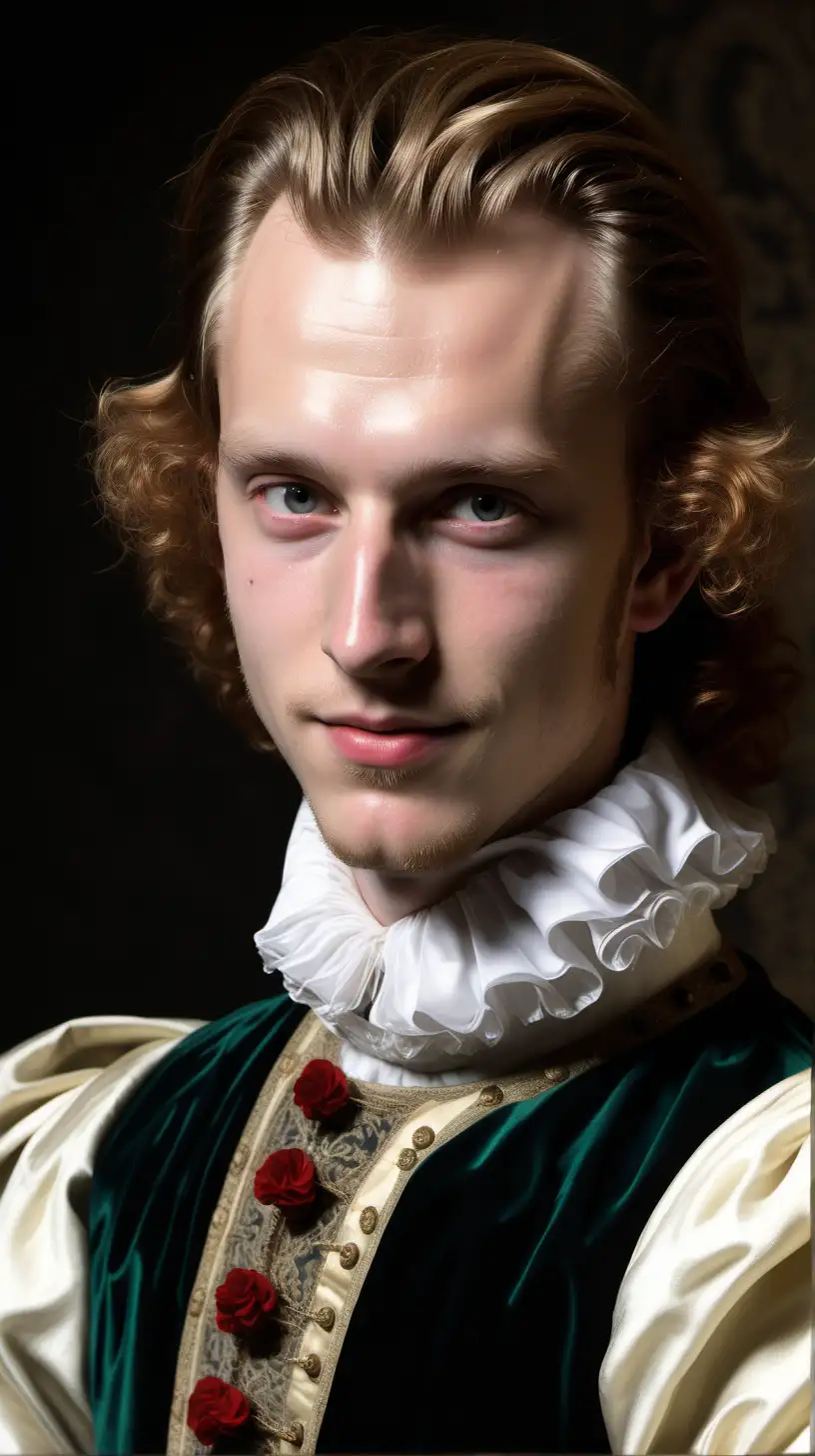 A photo of a very attractive 20-year old Elizabethan aristocrat Henry Wriothesley, Third Earl of Southampton, with an arrogant, sinister smile staring into the distance