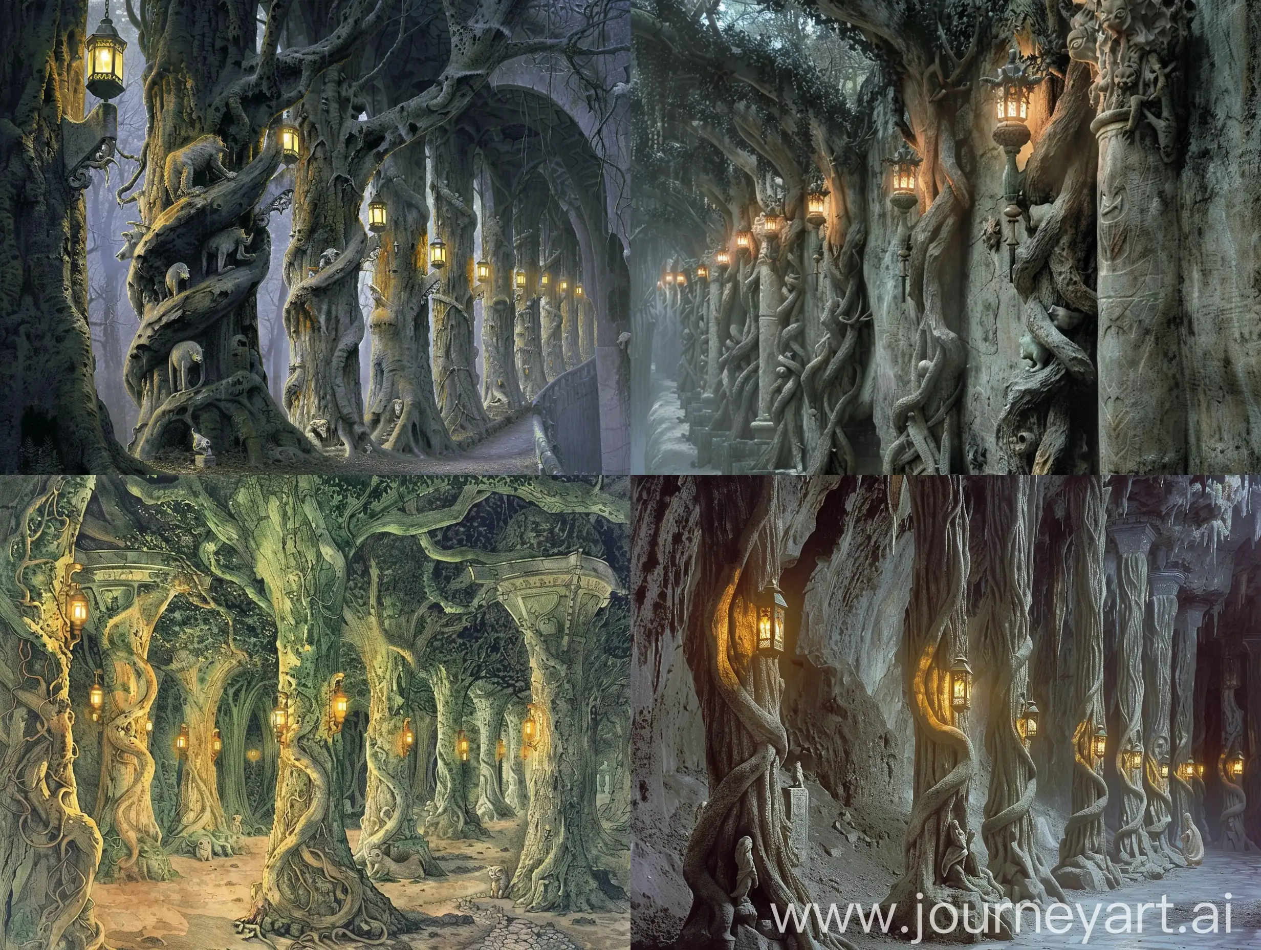 Menegroth, die Hauptstadt Doriaths. Doriath ist ein großer Buchenwald. Menegroth besteht aus unzähligen Grotten, Gängen und Höhlen, die die Stadt umfasste. Die Elben und die Zwerge aus Belegost, die an der Errichtung von Menegroth beteiligt waren, bauten mit Laternen erleuchtete Säulen nach dem Vorbild der Buchen, an denen sich Steinfiguren von Tieren entlang schlängelten.