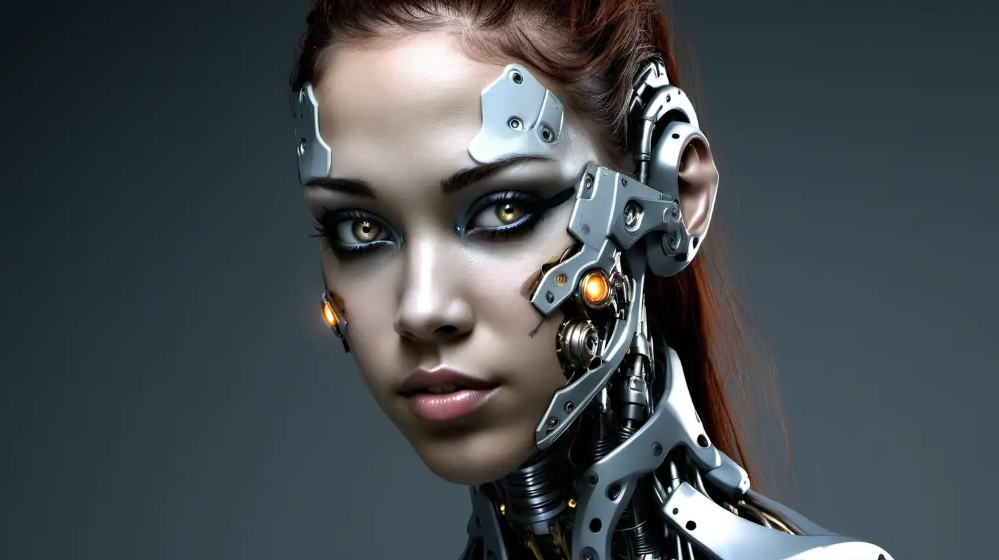 Cyborg woman, 18 years old. She has a cyborg face, but she is extremely beautiful. She is drop-dead gorgeous.