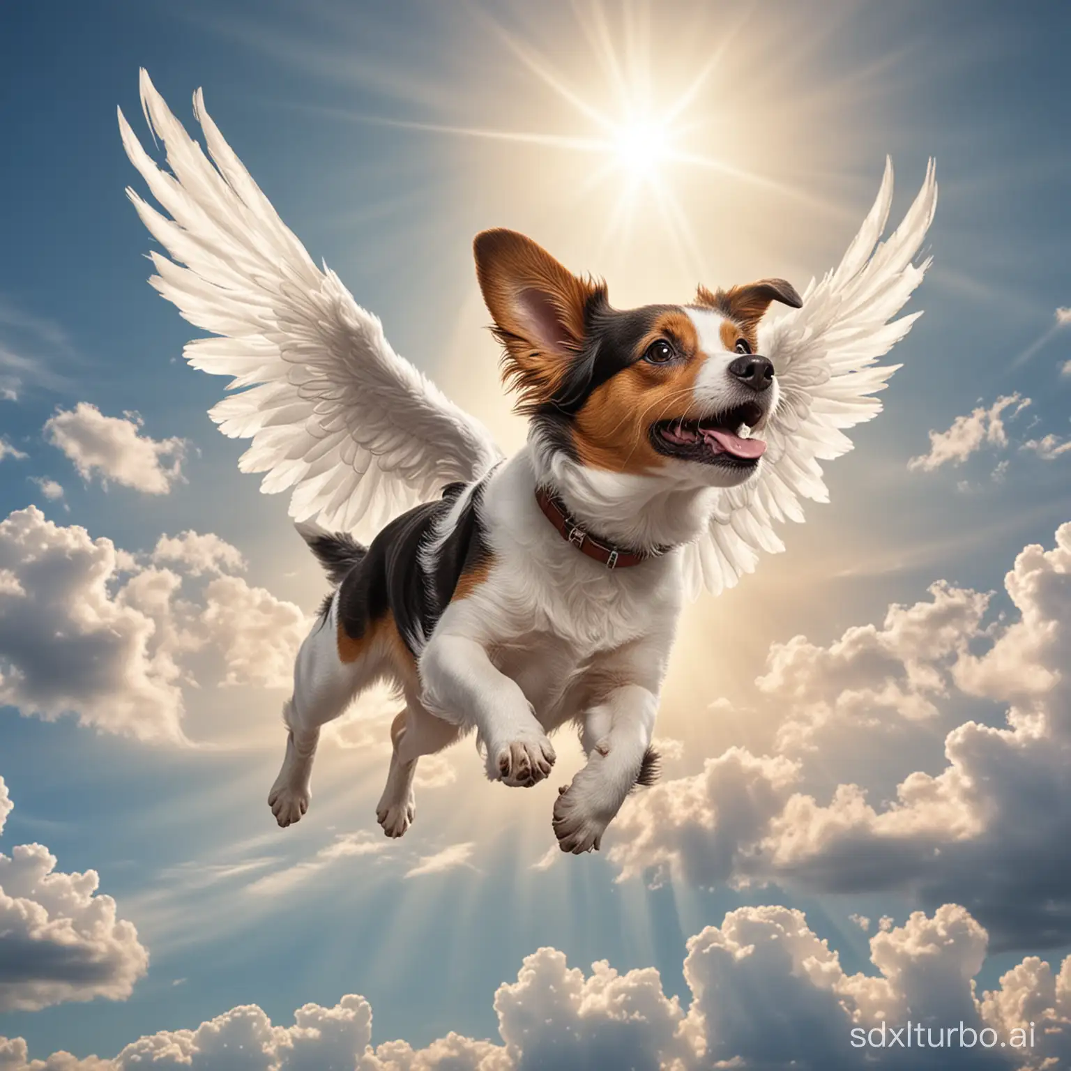 A dog with wings hovers in the sky