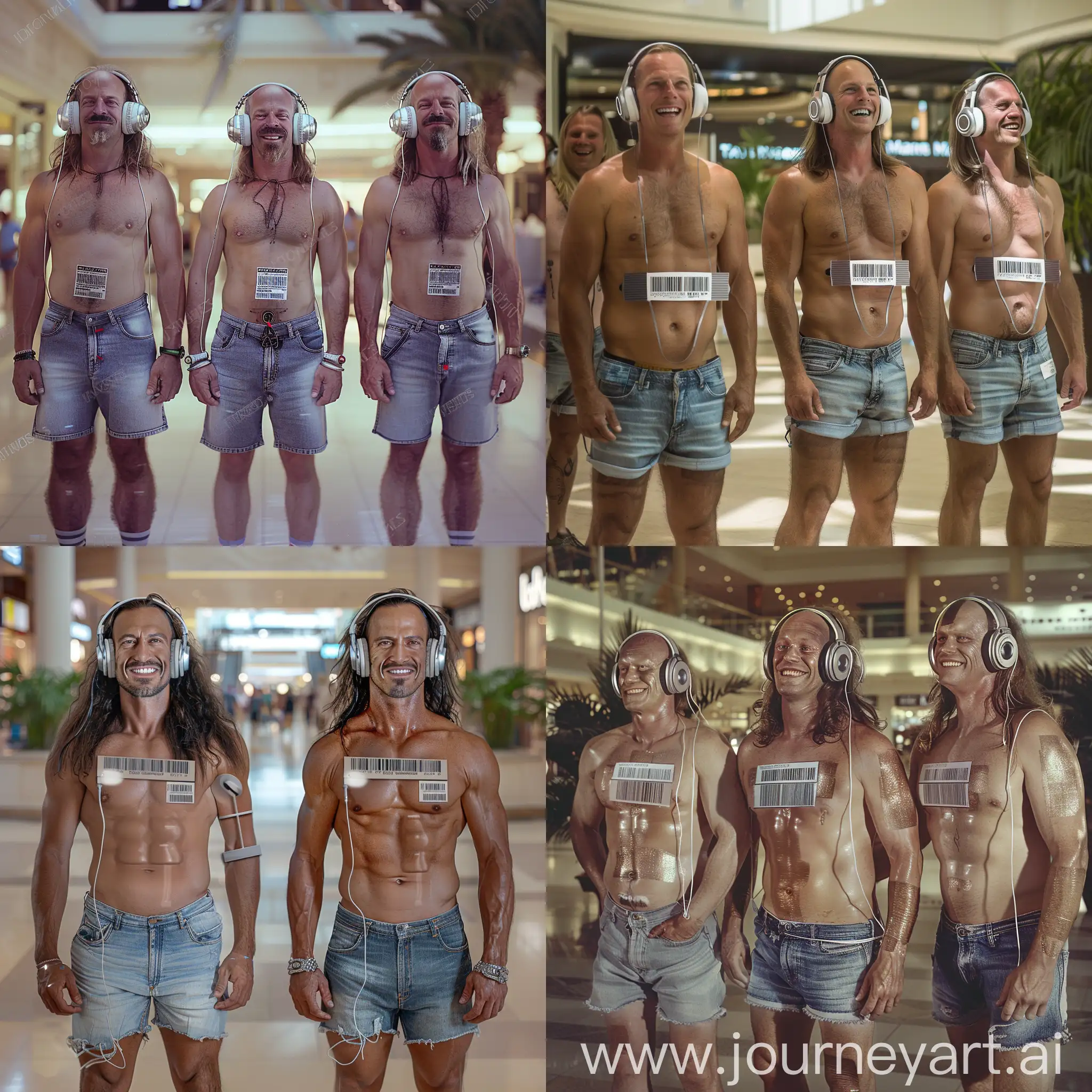 Handsome muscular middle-aged men each wear silver headphones and snug denim cutoff shorts, dazed smiles, small barcode attached to each man's chest, shopping mall setting, long hair, facing the viewer, mass indoctrination, color image, hyperrealistic, cinematic
