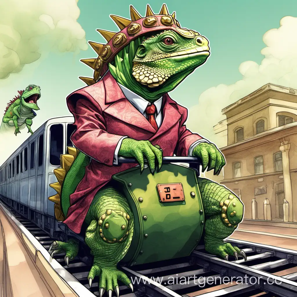 Iguana-in-Elegant-Attire-Riding-an-Armored-Train