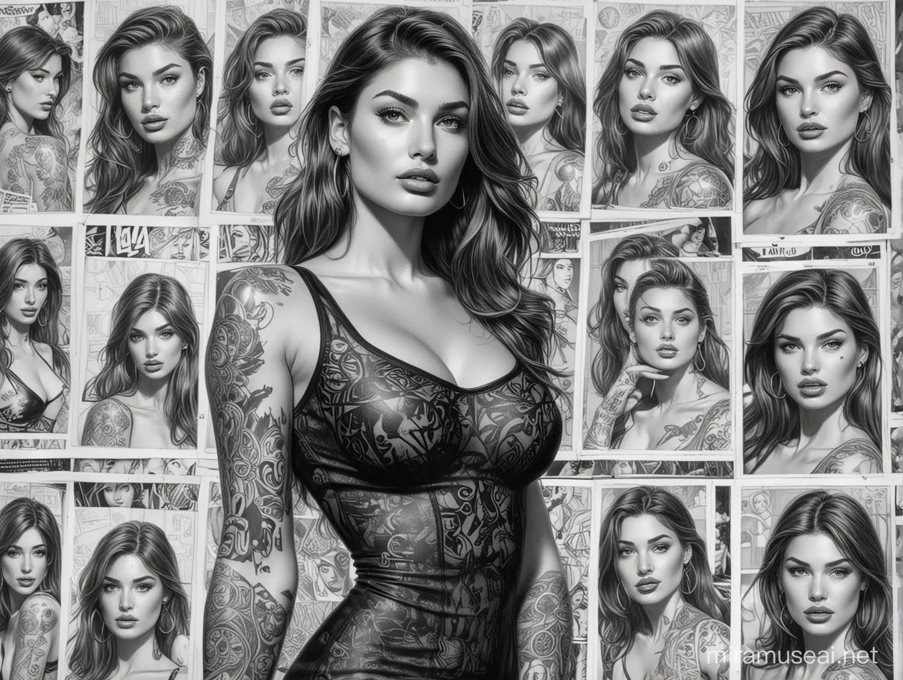 90's comic style, Black and White, Detailed Pencil sketches, Storyboard sheet with Multiple rows of individual panes of sketches, Portraits of a sexy brunette woman, Camila Morrone, Covered in tattoos, Tiny short black dress, White Background. Zoom out view. Marvel comic style. High resolution.  High contrast.