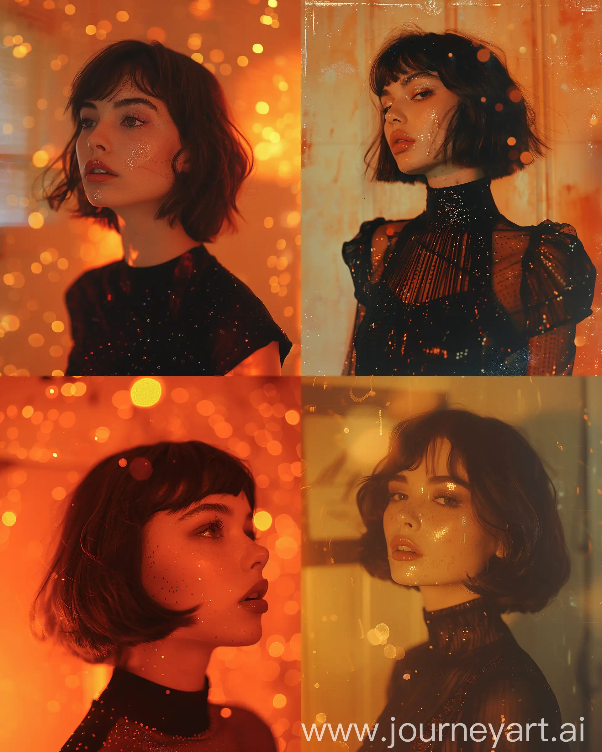 vintage photography of average woman with imperfect face, Charlie Bowater,  side angle, upper body, digital after affect, bob cut, cool edgy pose, glitchy, inksplash, oversaturated warm orange filter, high contrast, sparkle particles, keyframe after effects, glowing skin --ar 4:5 --stylise 750