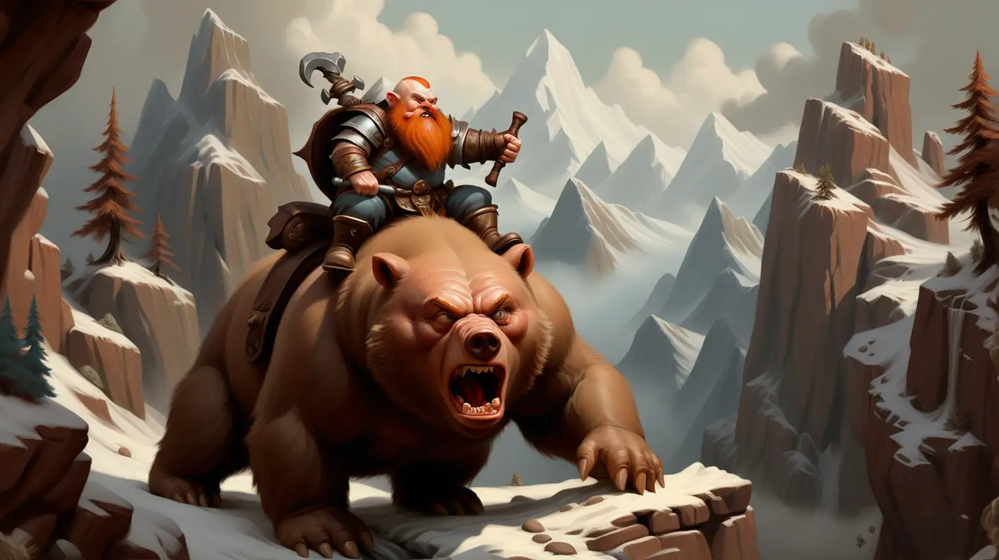 A dungeons and dragons style oil painting of a dwarf riding on a brown bear in the mountains

