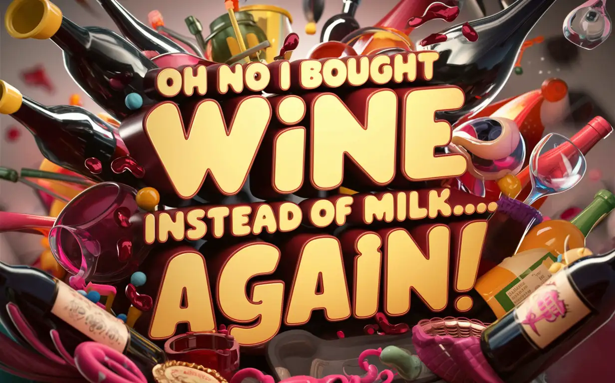 Whimsical Wine Mishap Cartoon 3D Render Typography Illustration