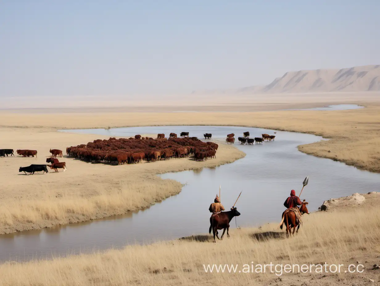 Nomad-with-Spear-Herding-Cattle-by-the-River-on-the-Fon-Steppe