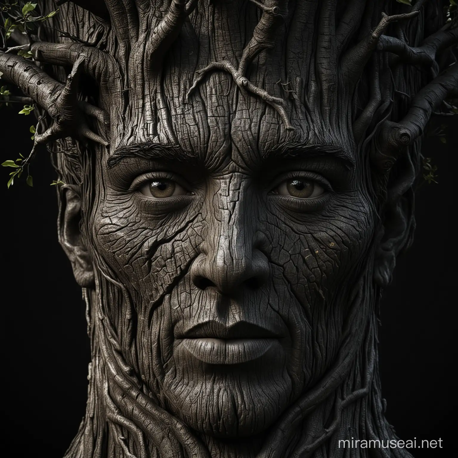 Realistic 3D Face Tree Art on Black Background | MUSE AI