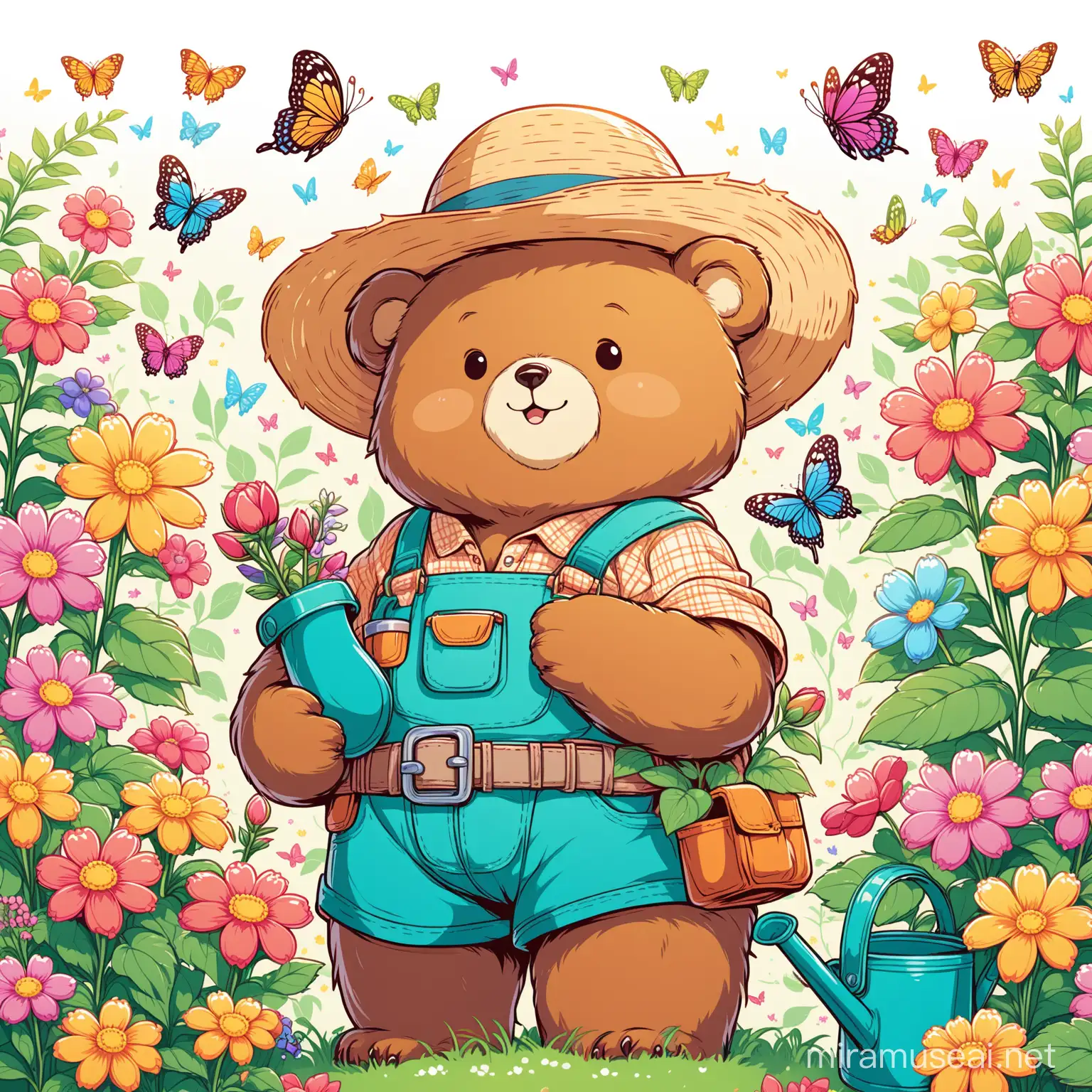Mama Bear Gardening in a Vibrant Cozy Garden