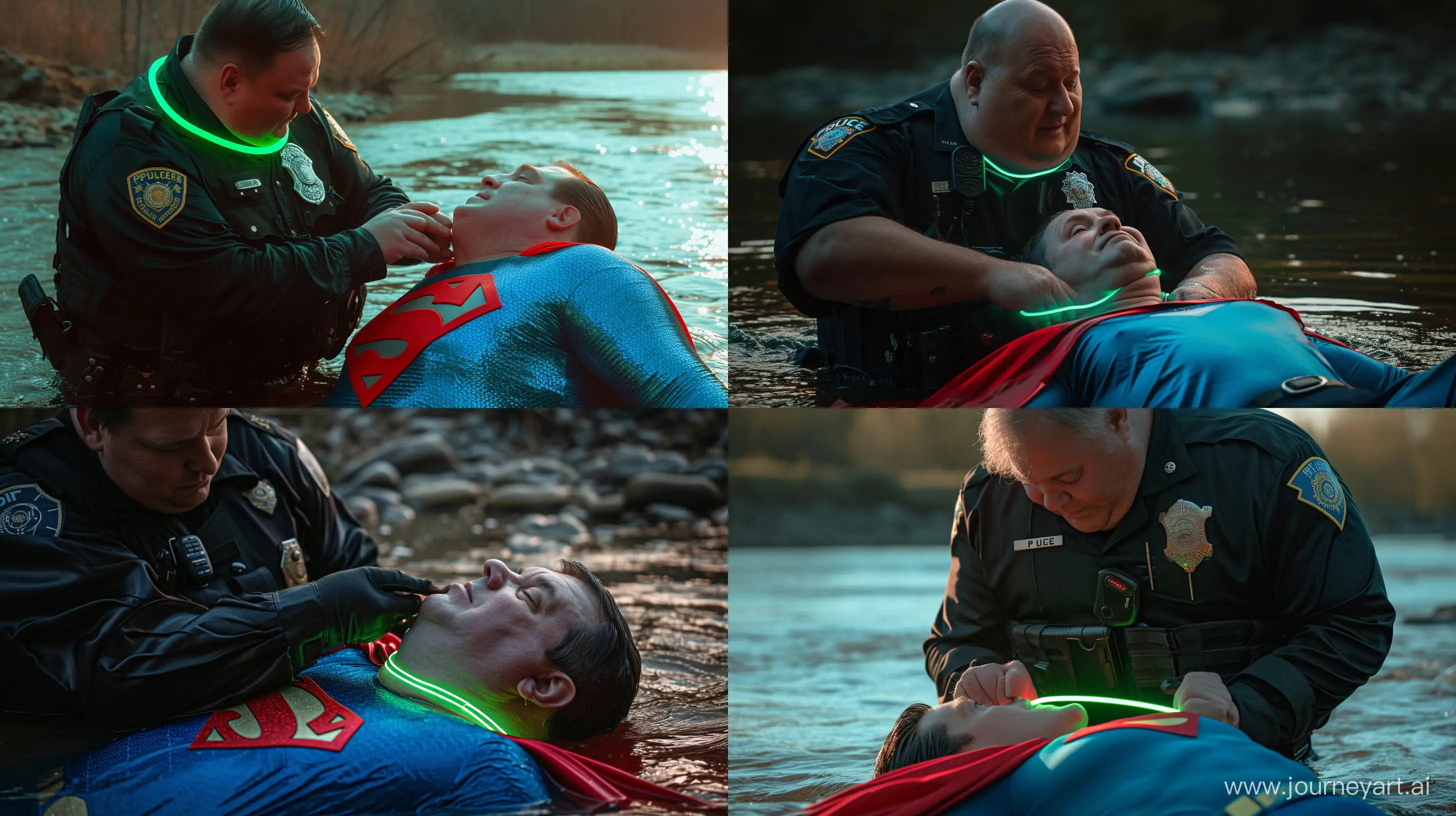 Close-up photo of a fat man aged 60 wearing silk black tactical police jumpsuit. He is tightening a tight green glowing neon dog collar on the neck of a fat man aged 60 wearing a tight blue 1978 smooth superman costume with a red cape lying in the water. River. Natural Light. --style raw --ar 16:9