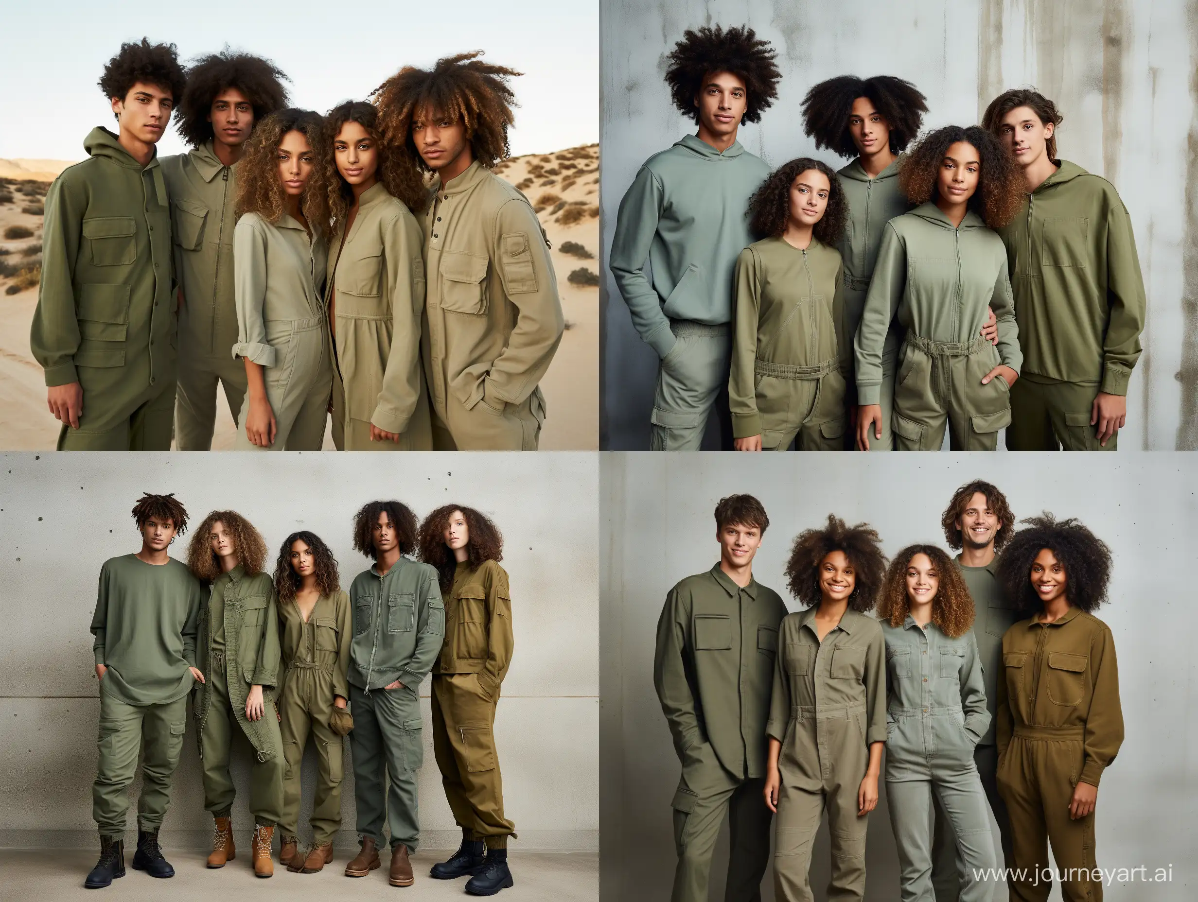 a group with a man, woman, girl, boy and a teenager standing next to each other, green and brown clothes, natural muted tones, utilitarian, 2 0 2 0 fashion, earthy colours, muted colors. ue 5, flight suit, earthy tones, jumpsuit, jumpsuits, subtle earthy tones, air force jumpsuit, green clothing, muted green, modern earthy neutral earthy, green clothes, jumpsuits with zips between the limbs and overalls in recycled plastic, linen or organic cotton, mannequins with realistic skin texture.  black and white colors, casual clothe style
