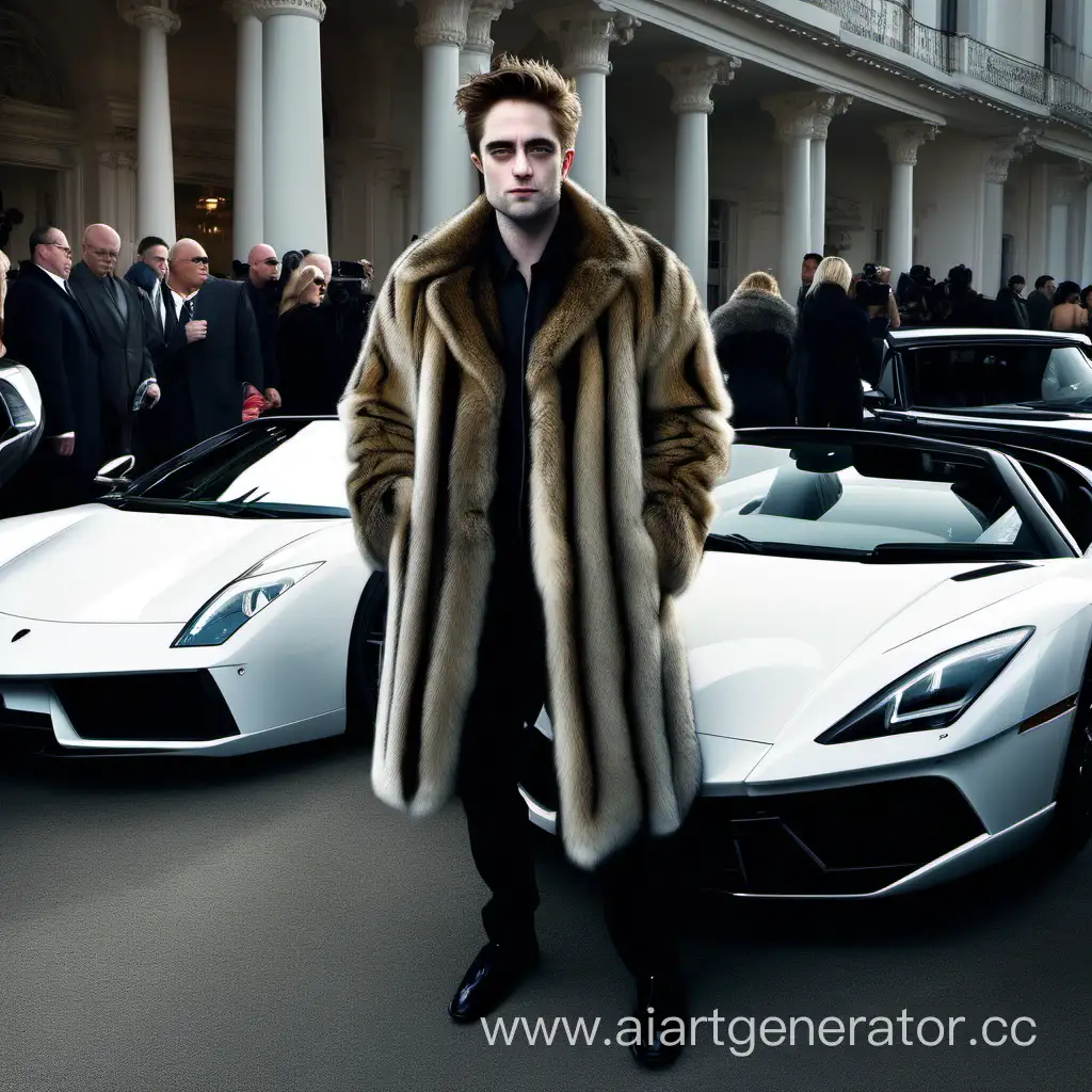 Robert-Pattinson-Stylishly-Posing-Beside-Exquisite-Sports-Cars-in-Luxurious-Fur-Coat