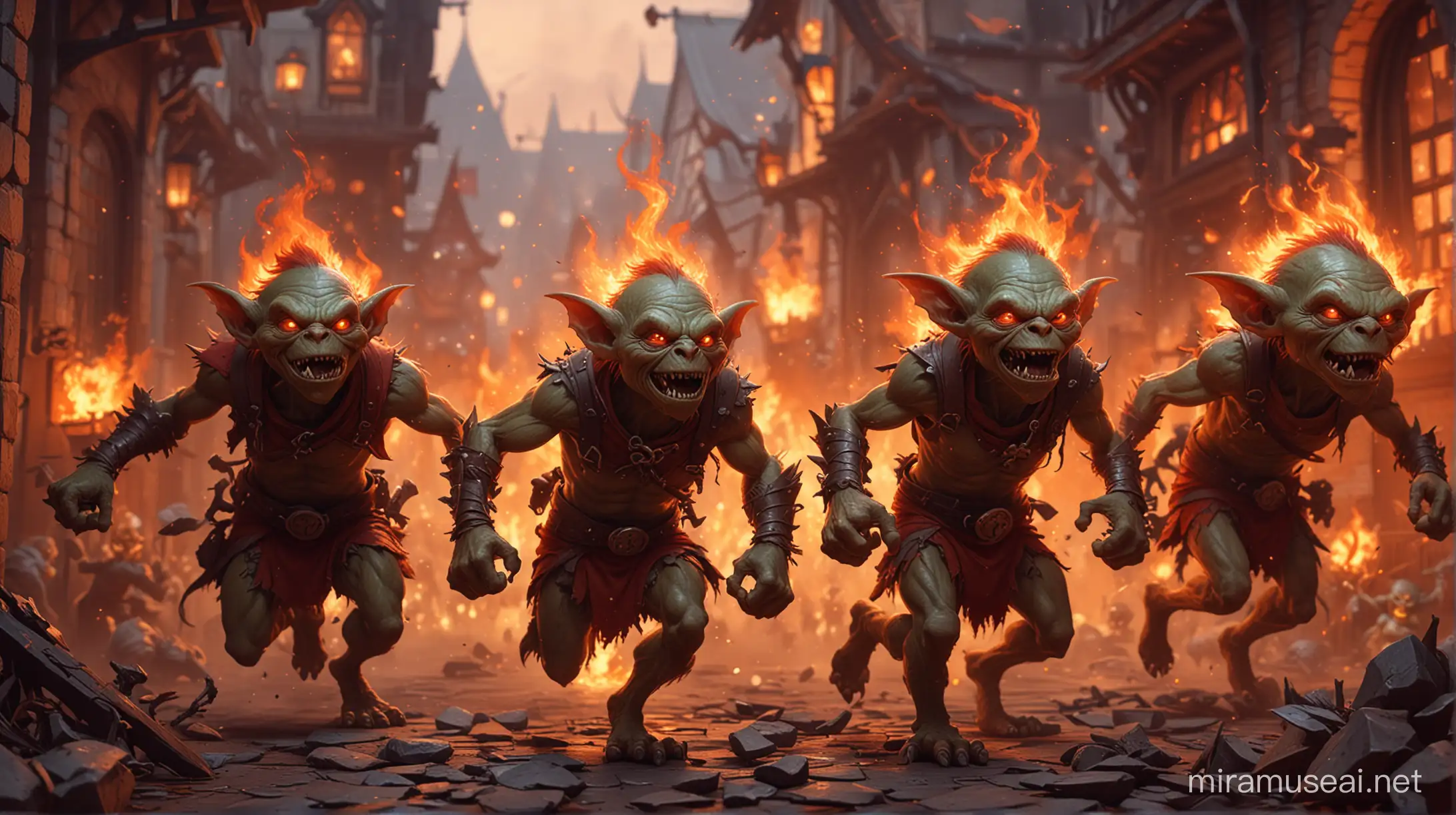 a bunch of goblins running and attacking the observer, front view, red fire blurry background,  game art, digital painting, digital art, blizzard art style