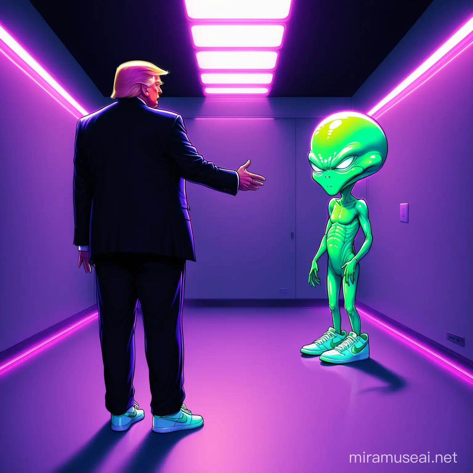 Presidential Encounter Donald Trump in Casual Sneakers with Alien in Futuristic Neonlit Space
